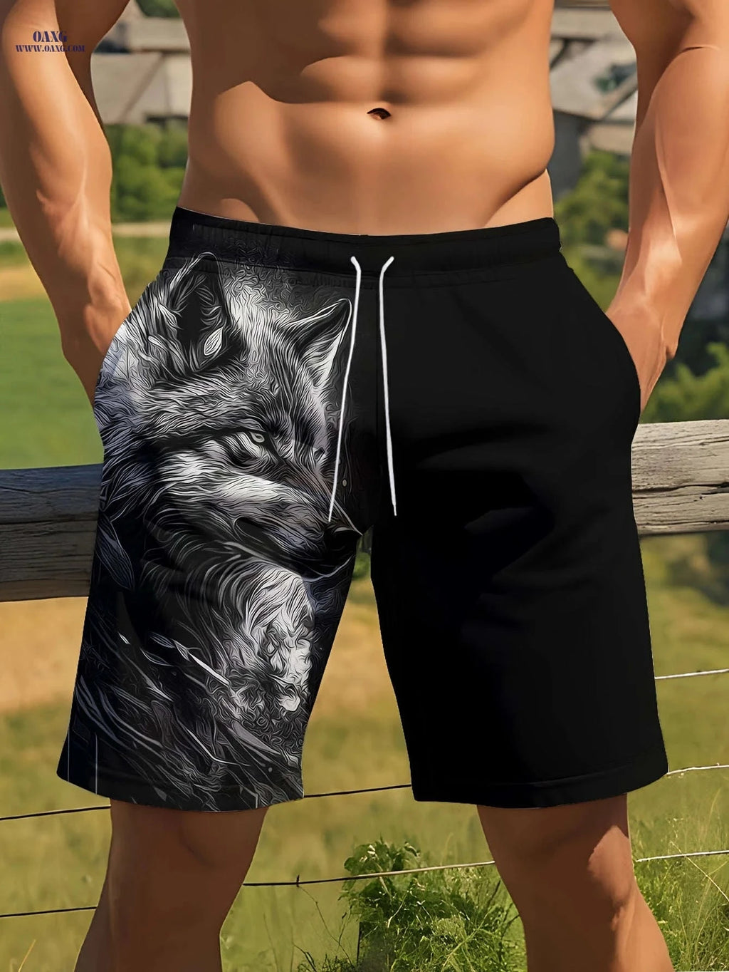 Men's Summer Beach Shorts - Fierce Wolf Head Print, Casual Style   OAXG Mixed Color / FR S