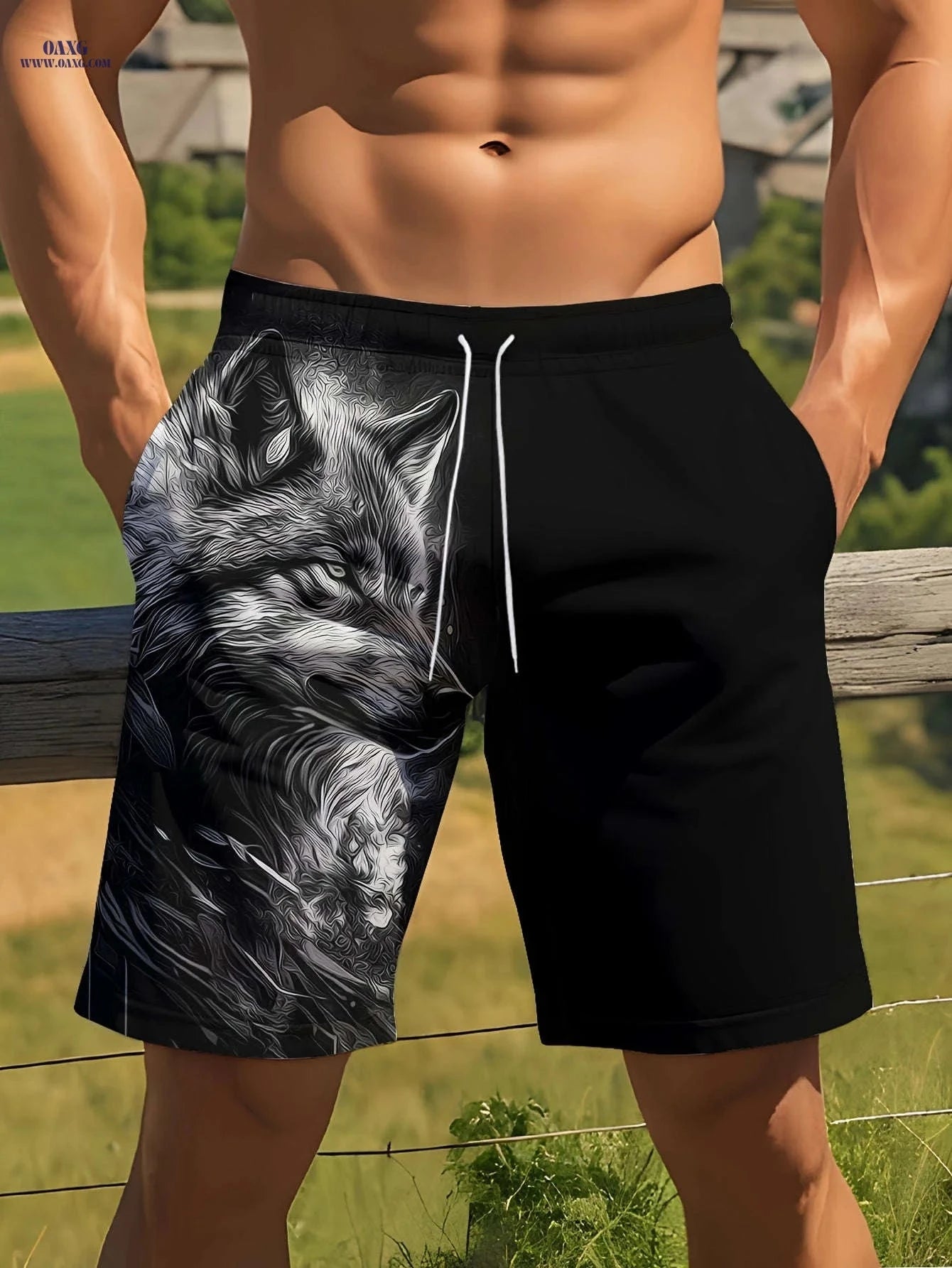 Men's Summer Beach Shorts - Fierce Wolf Head Print, Casual Style   OAXG Mixed Color / FR S