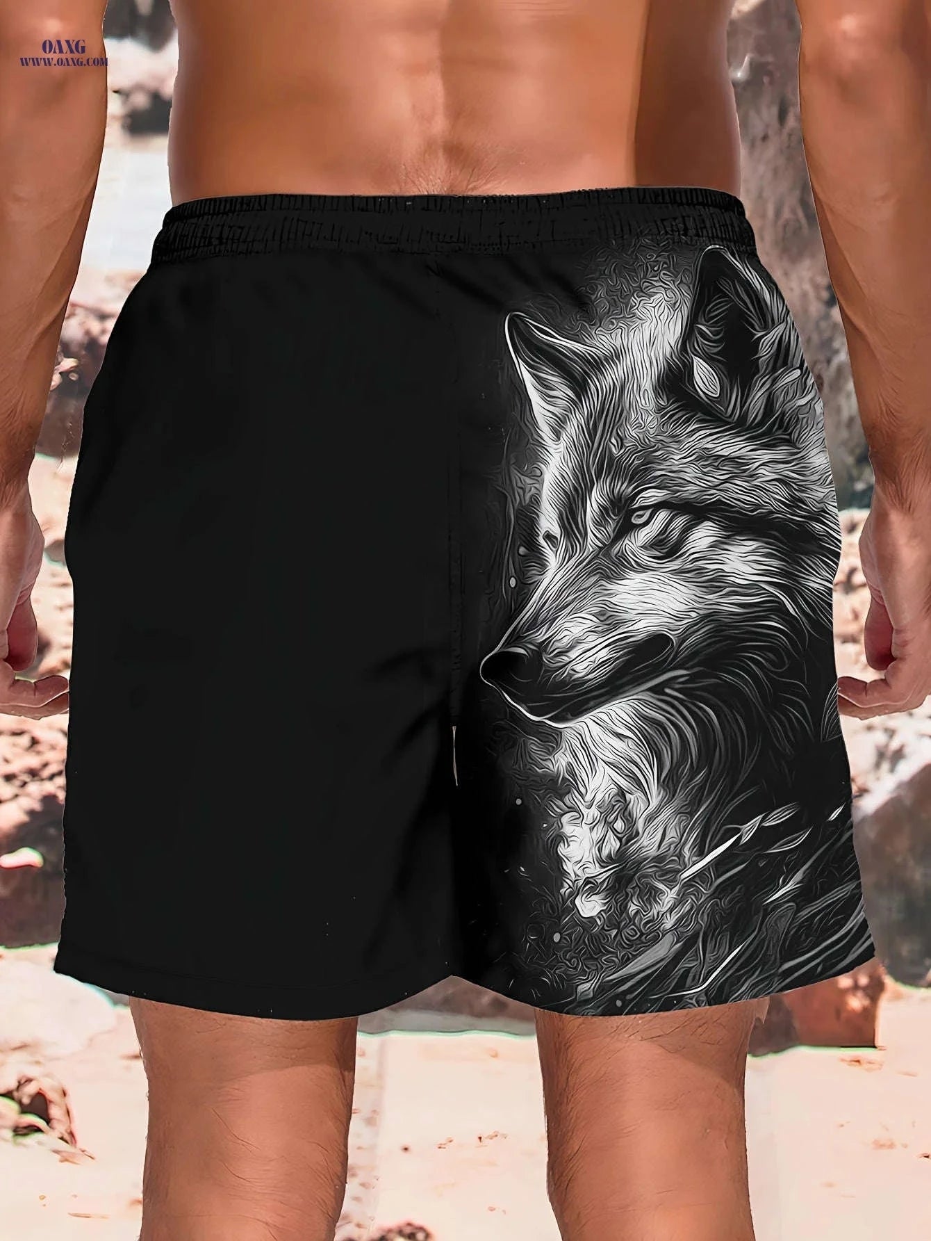 Men's Summer Beach Shorts - Fierce Wolf Head Print, Casual Style   OAXG Mixed Color / FR S