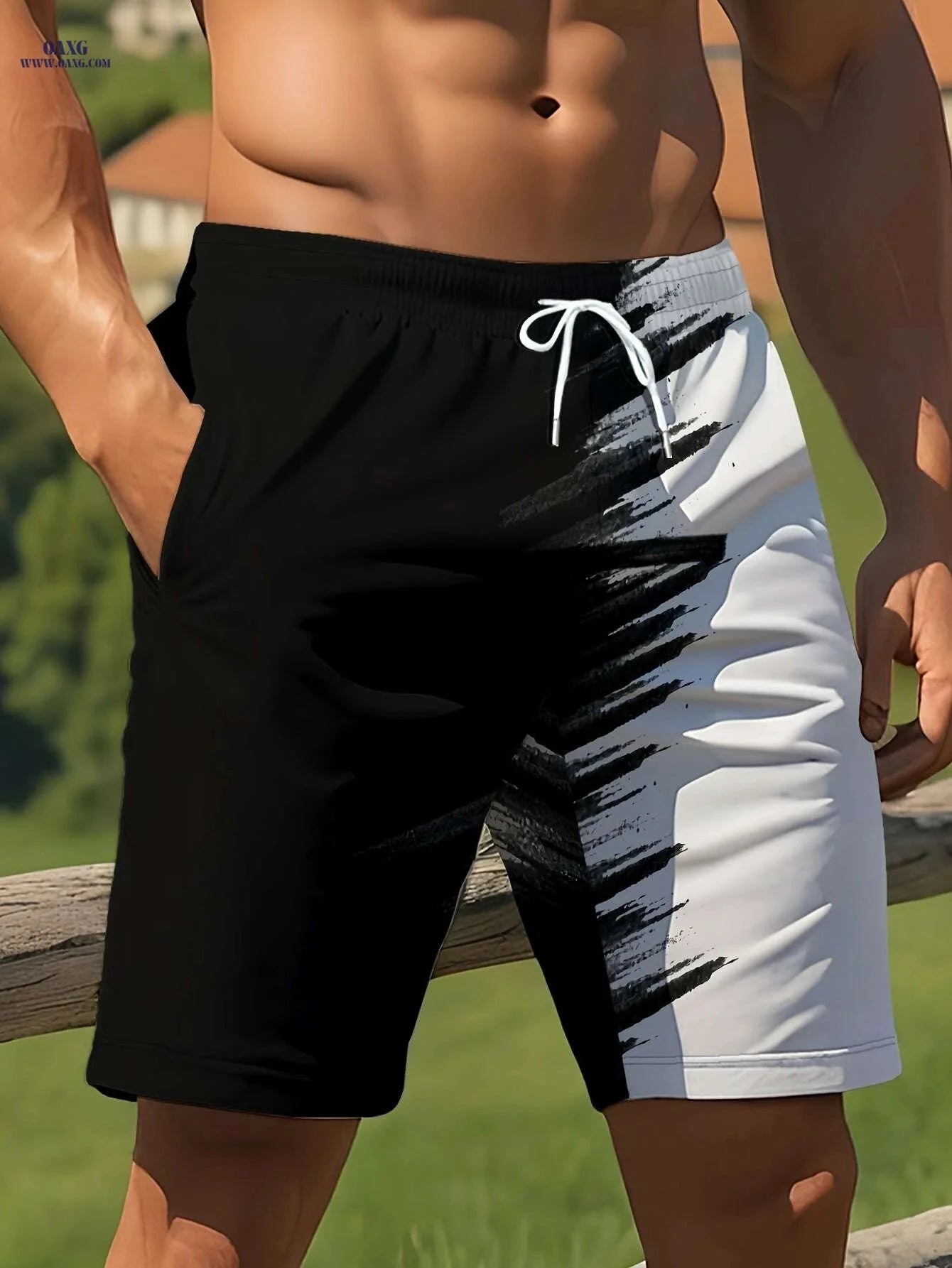 Men's Summer Beach Shorts - Light Quick-Dry, Black & White Print   OAXG 