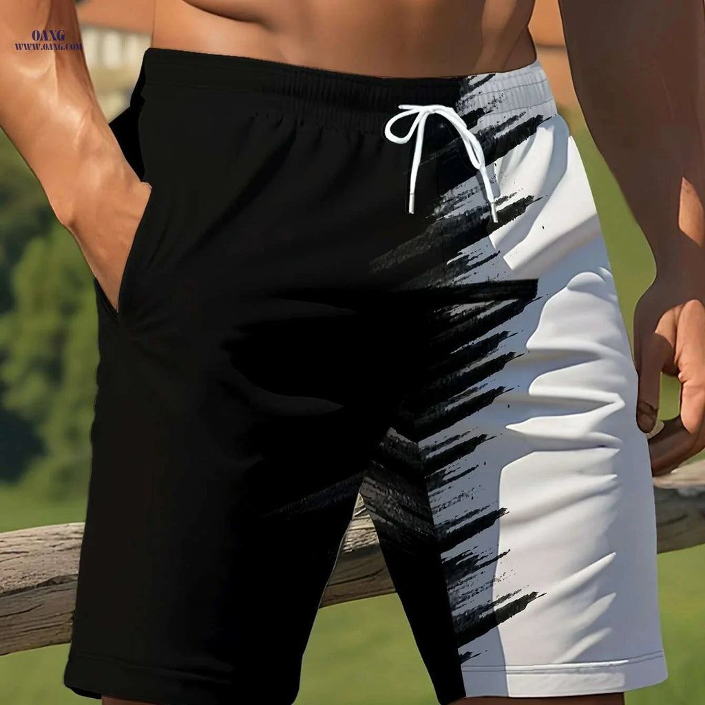 Men's Summer Beach Shorts - Light Quick-Dry, Black & White Print   OAXG 