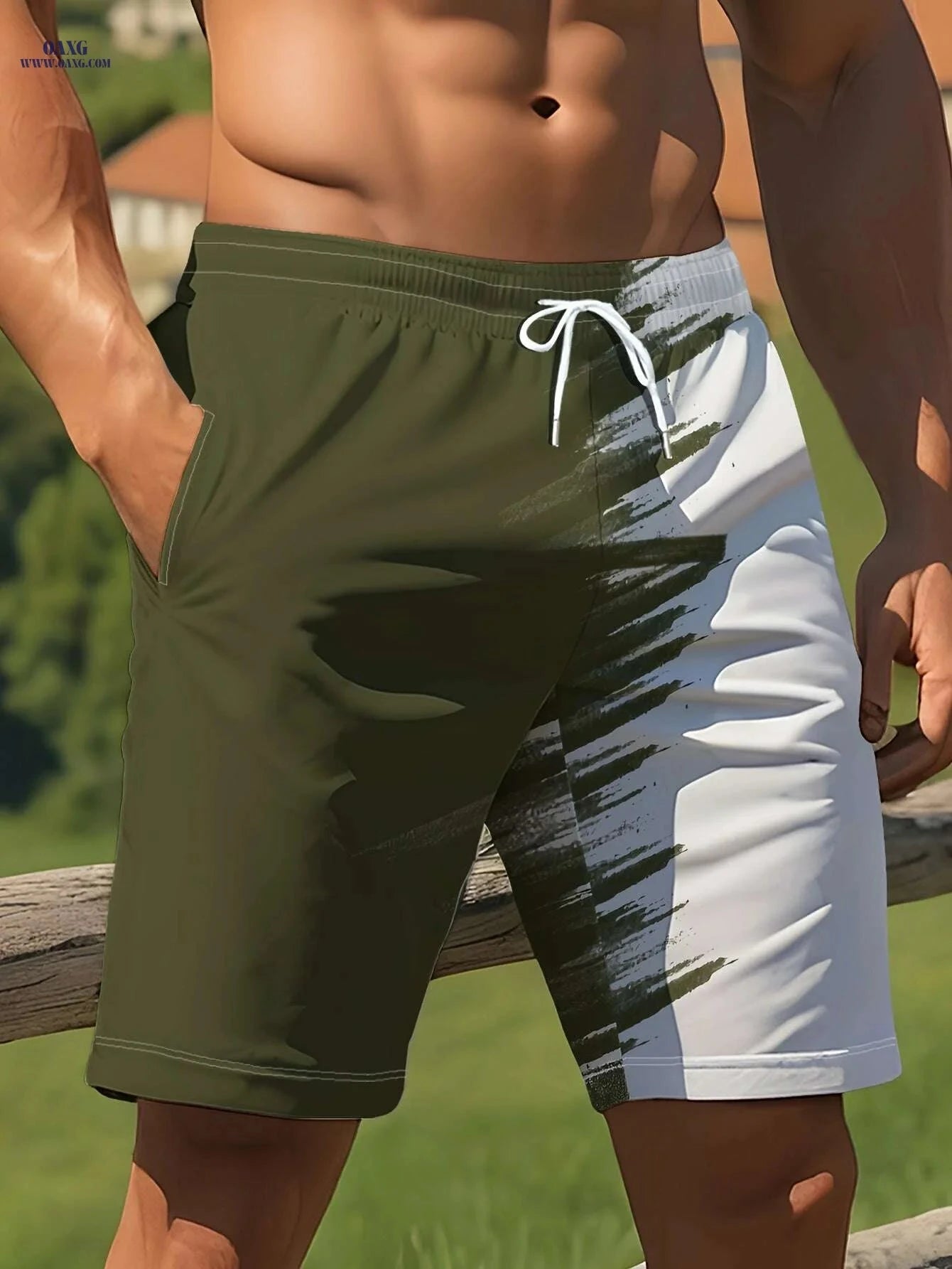 Men's Summer Beach Shorts - Light Quick-Dry, Black & White Print   OAXG 