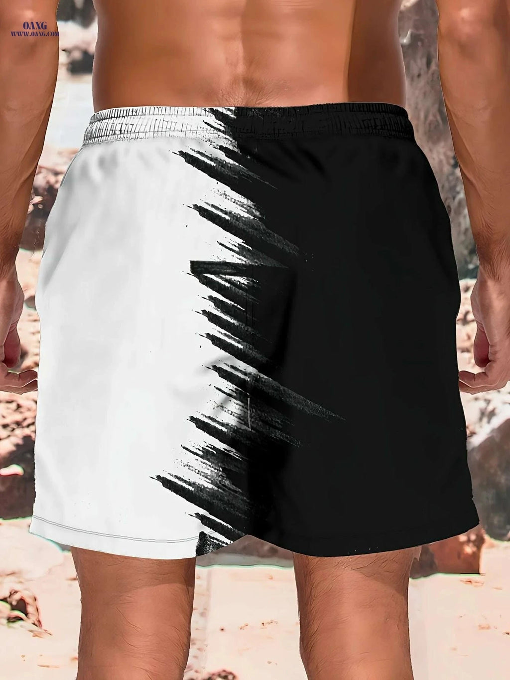 Men's Summer Beach Shorts - Light Quick-Dry, Black & White Print   OAXG Mixed Color / S