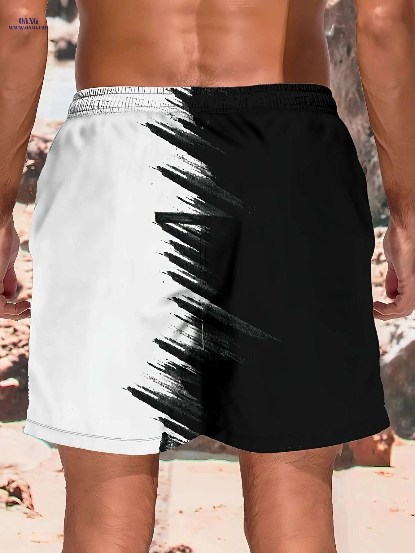 Men's Summer Beach Shorts - Light Quick-Dry, Black & White Print   OAXG Mixed Color / S