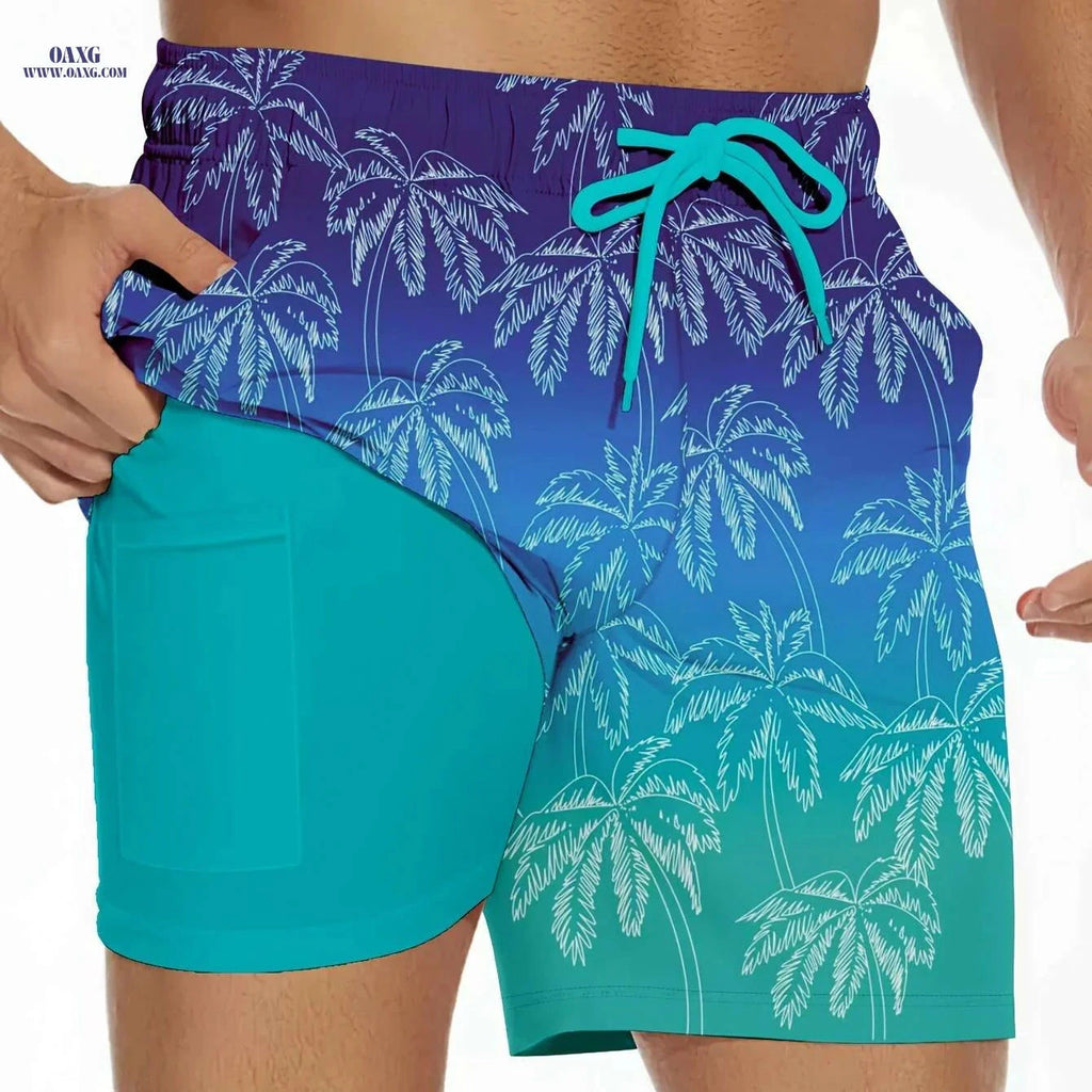 Men's Summer Beach Shorts - Tropical Palm Tree Print, Lightweight Swim Trunks   OAXG Blue / S