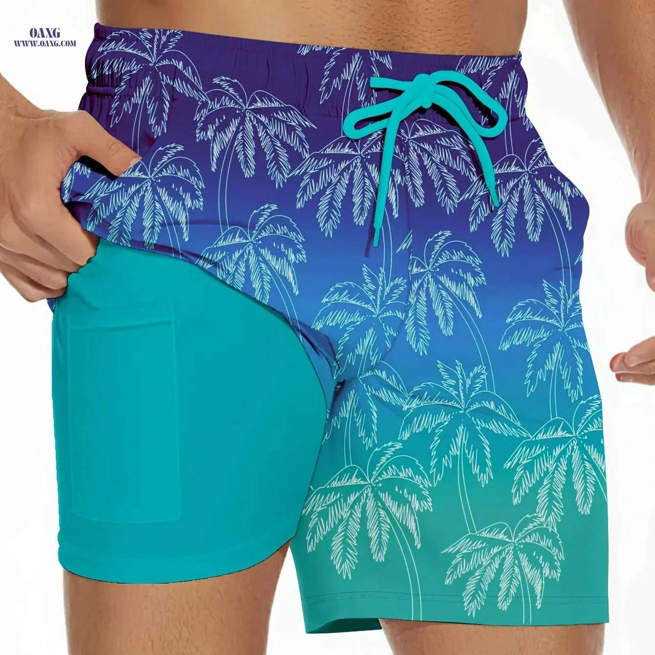 Men's Summer Beach Shorts - Tropical Palm Tree Print, Lightweight Swim Trunks   OAXG Blue / S
