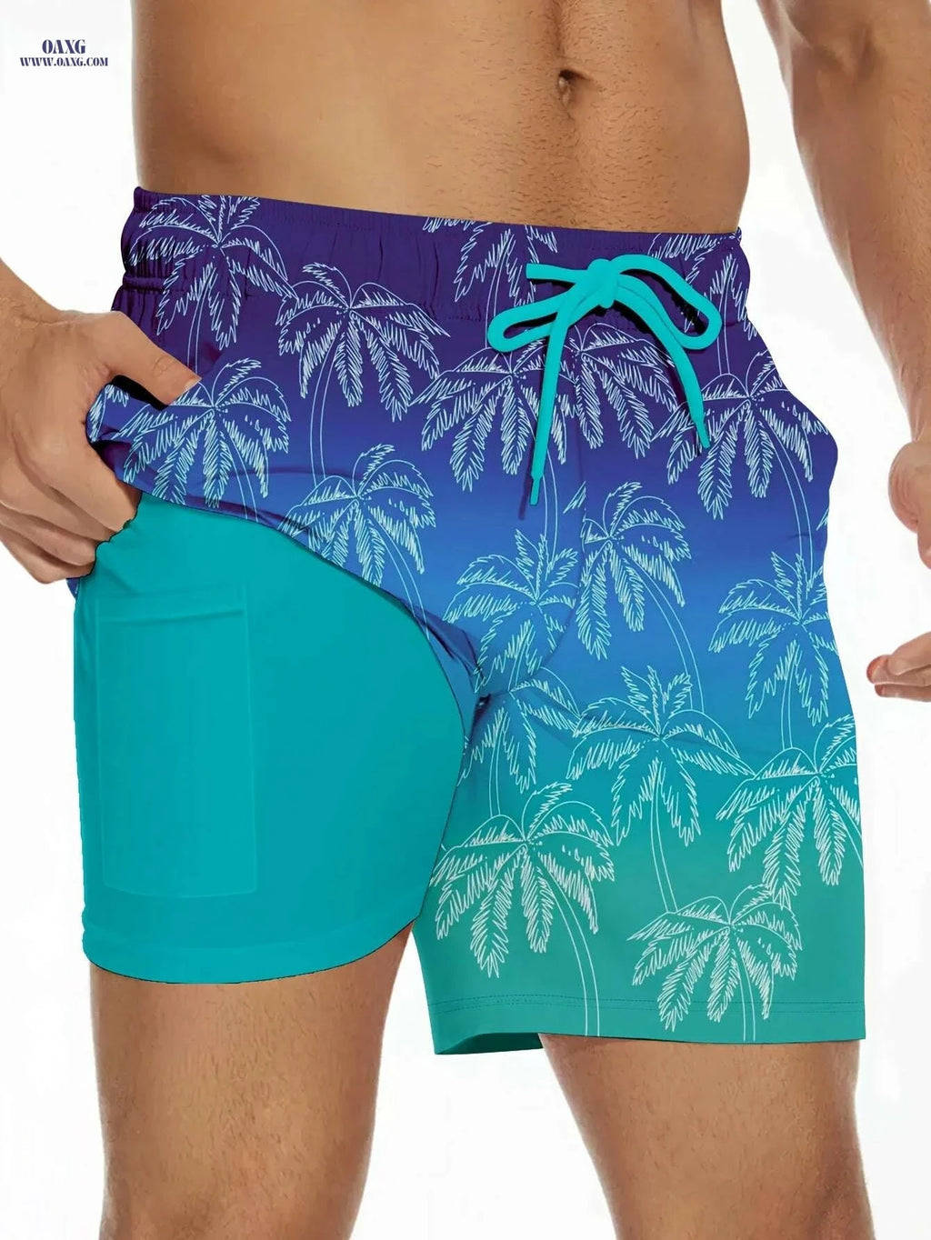 Men's Summer Beach Shorts - Tropical Palm Tree Print, Lightweight Swim Trunks   OAXG Blue / S