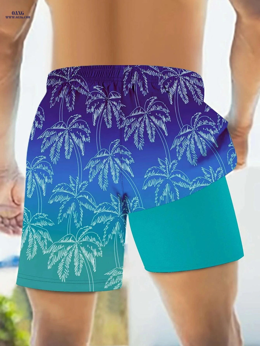 Men's Summer Beach Shorts - Tropical Palm Tree Print, Lightweight Swim Trunks   OAXG Blue / S