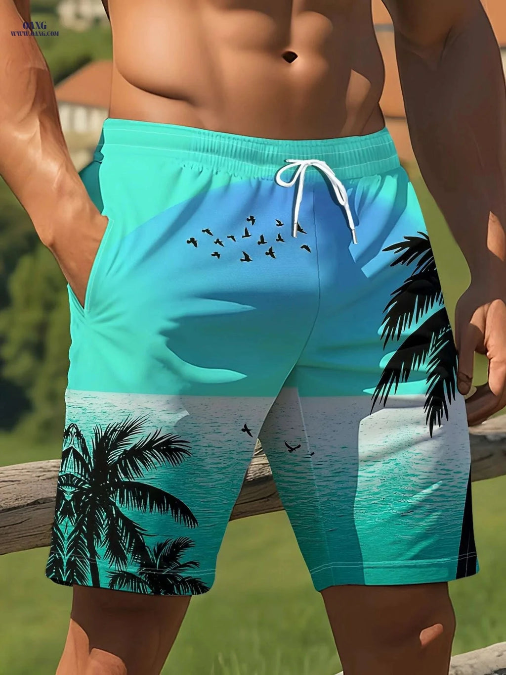 Men's Summer Beach Shorts - Vibrant Palm Tree Print, Lightweight & Casual   OAXG 