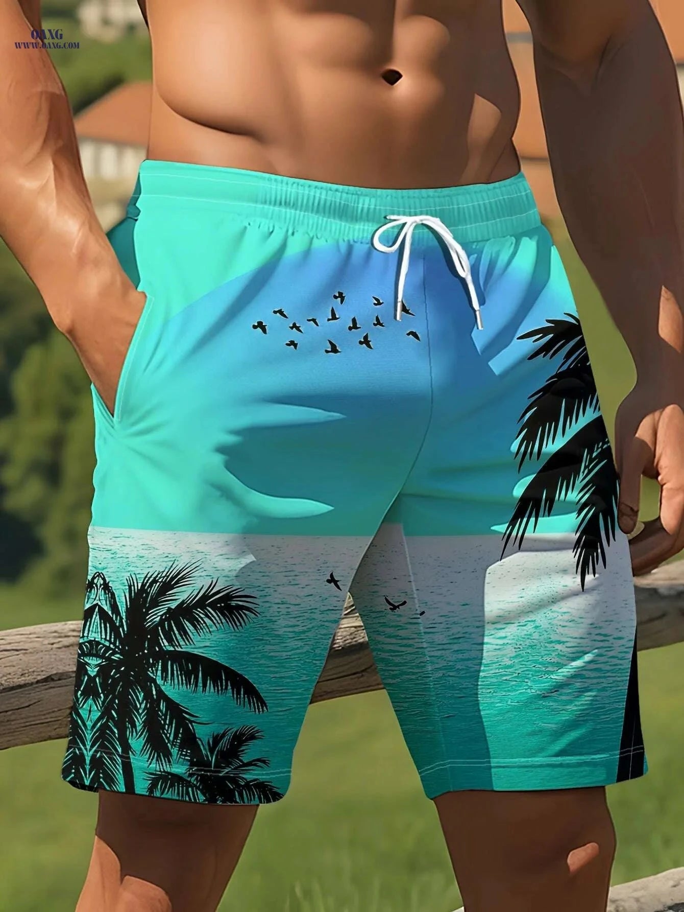 Men's Summer Beach Shorts - Vibrant Palm Tree Print, Lightweight & Casual   OAXG 