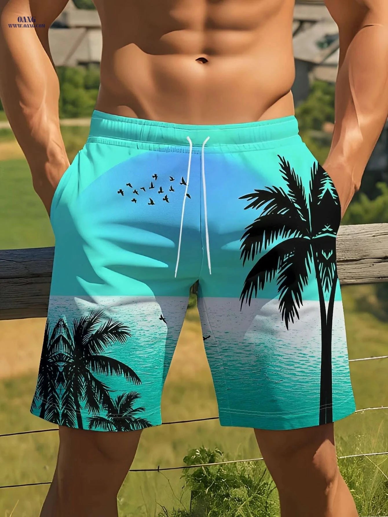 Men's Summer Beach Shorts - Vibrant Palm Tree Print, Lightweight & Casual   OAXG 