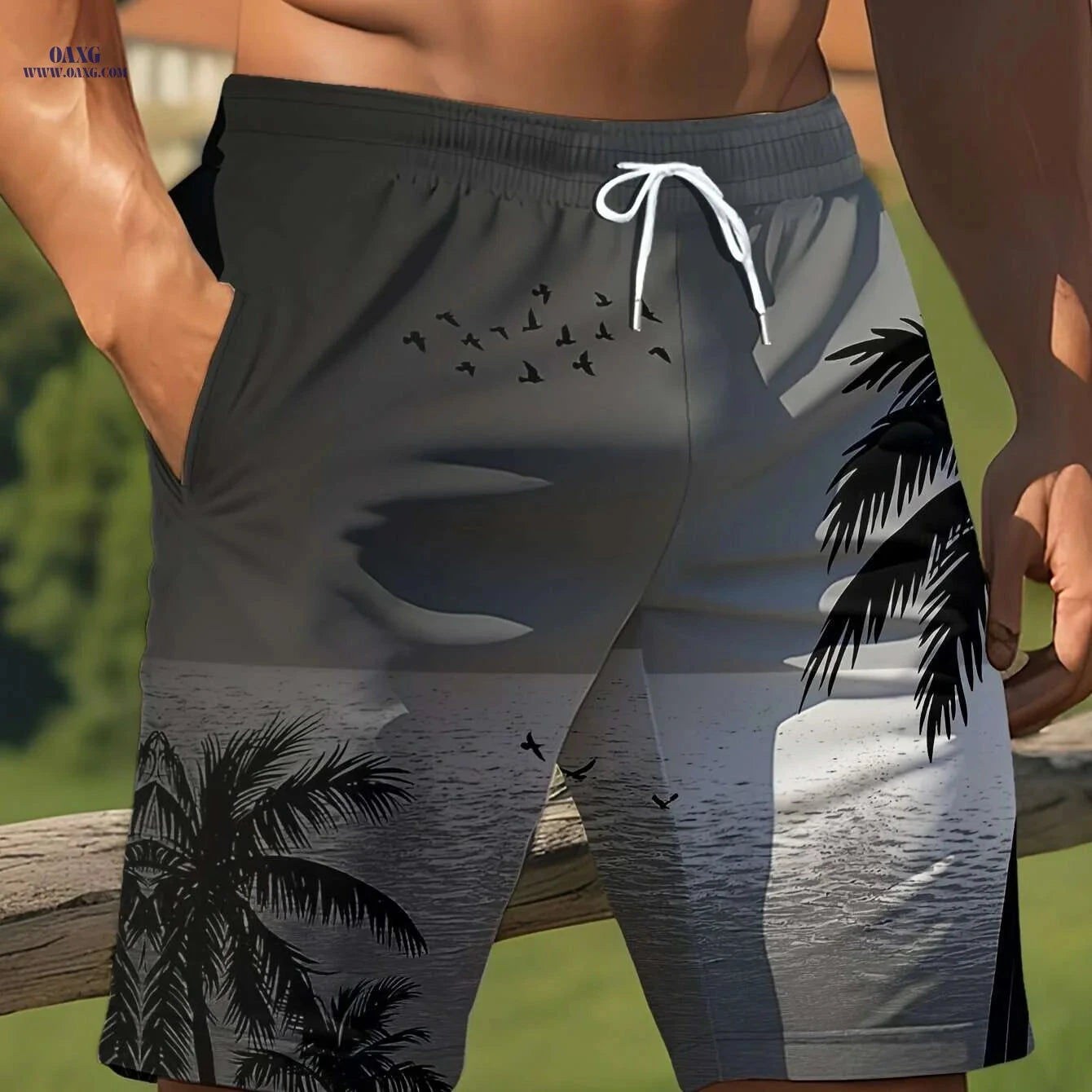 Men's Summer Beach Shorts - Vibrant Palm Tree Print, Lightweight & Casual   OAXG 