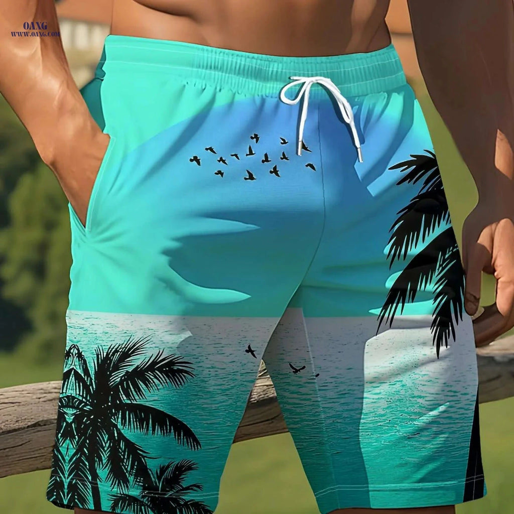 Men's Summer Beach Shorts - Vibrant Palm Tree Print, Lightweight & Casual   OAXG Mixed Color / S