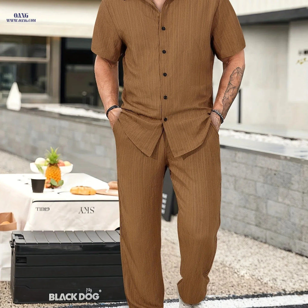 Men's Summer Casual 2-Piece Outfit - Breathable Shirt & Pants Set   OAXG Dark Brown / FR S