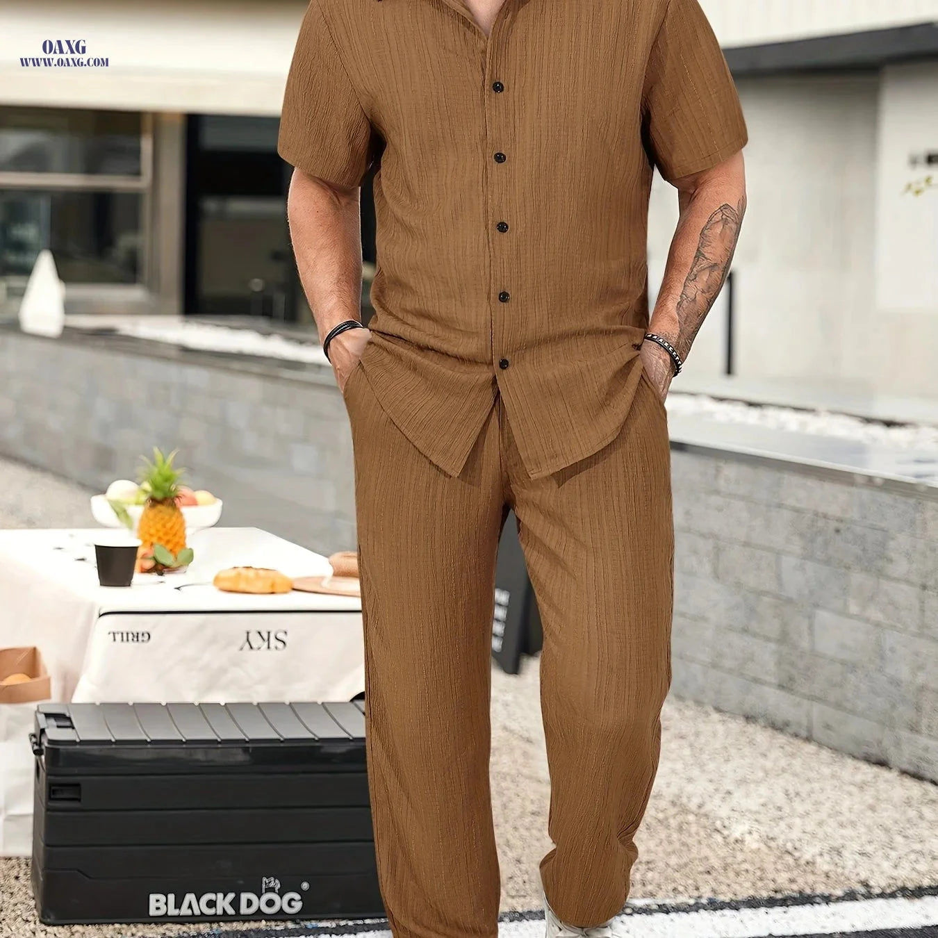 Men's Summer Casual 2-Piece Outfit - Breathable Shirt & Pants Set   OAXG Dark Brown / FR S