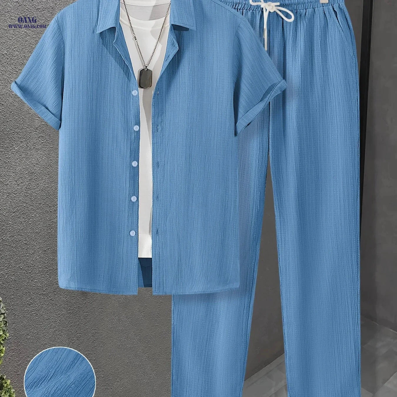 Men's Summer Casual 2-Piece Outfit - Breathable Shirt & Pants Set   OAXG 
