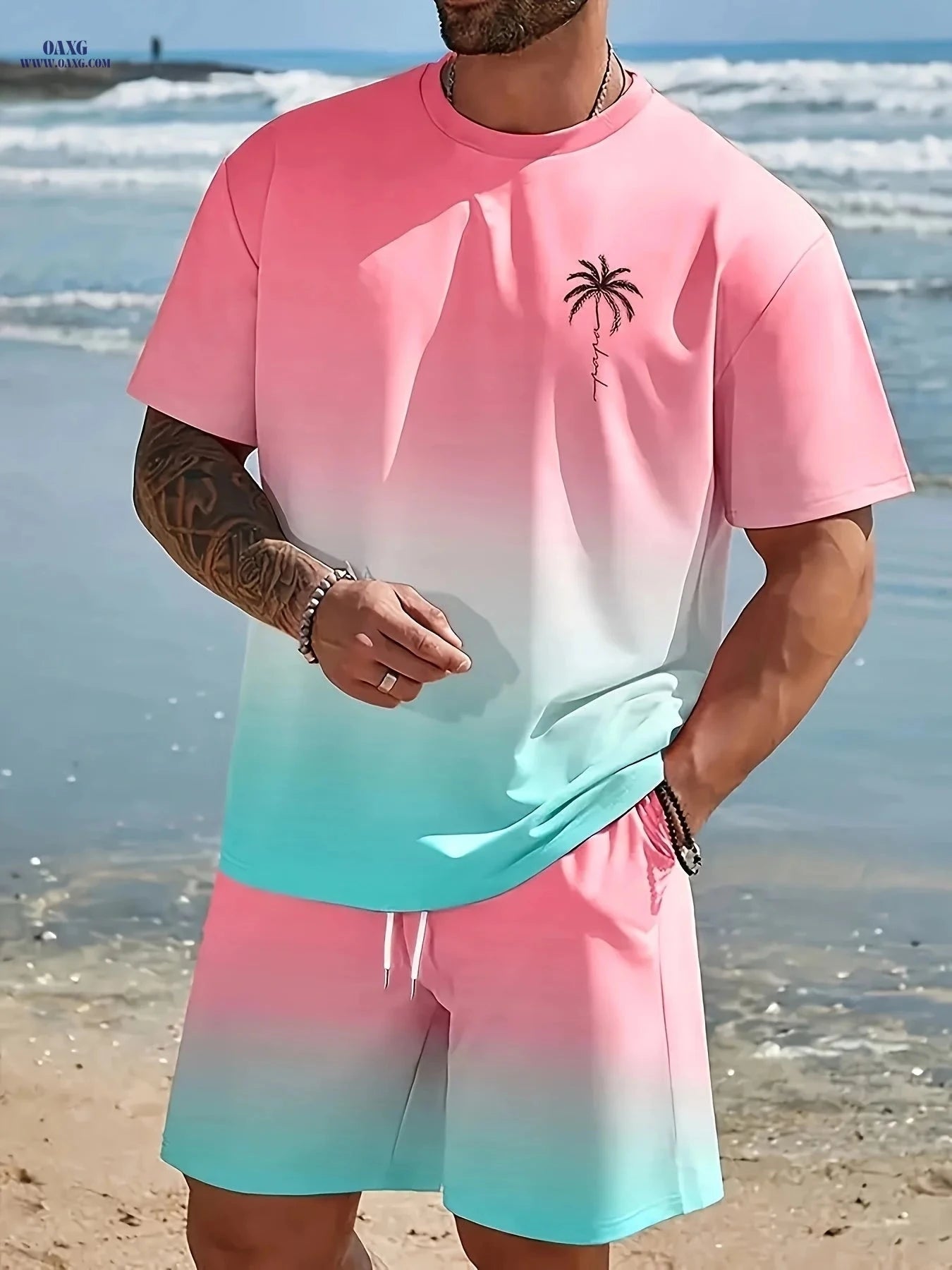 Men's Summer Casual Jogging Set - Ombre Striped Print & Pocket Shorts   OAXG 