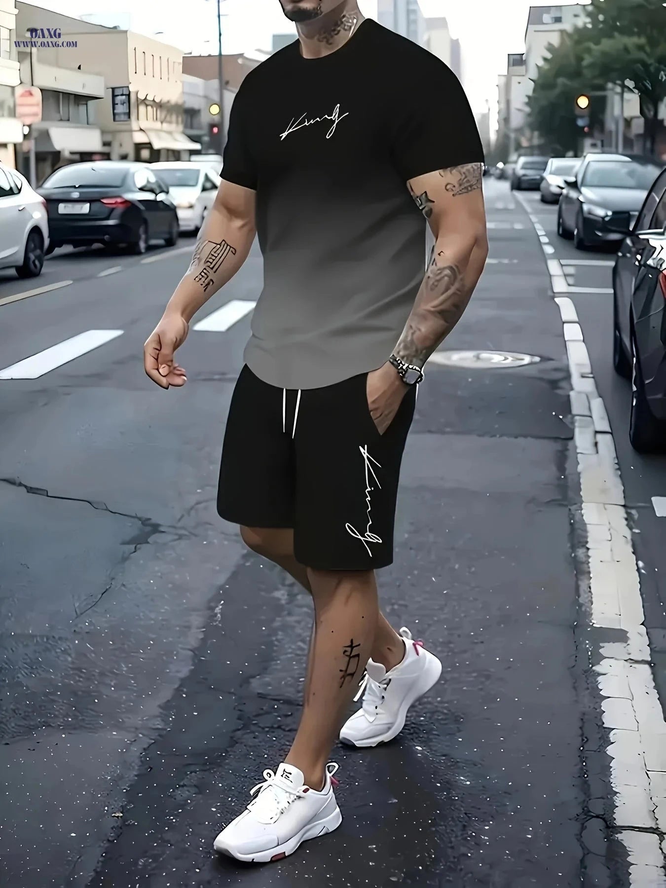 Men's Summer Casual Jogging Set - Ombre Striped Print & Pocket Shorts   OAXG 