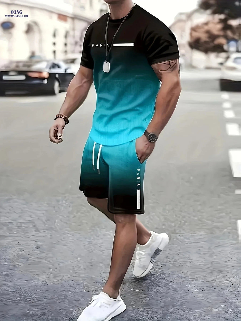 Men's Summer Casual Jogging Set - Ombre Striped Print & Pocket Shorts   OAXG 