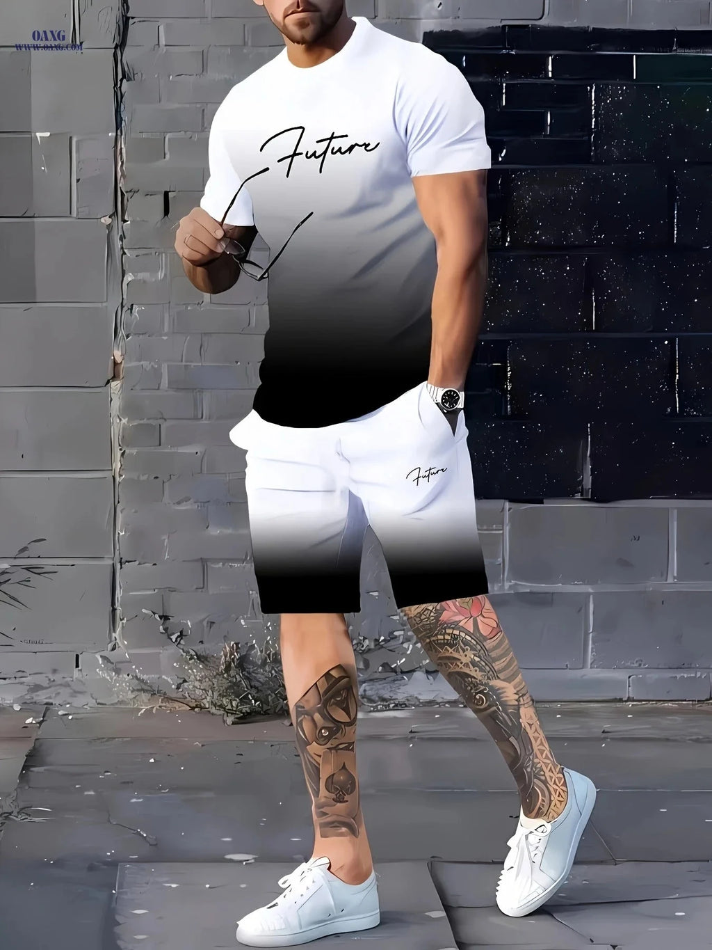 Men's Summer Casual Jogging Set - Ombre Striped Print & Pocket Shorts   OAXG 