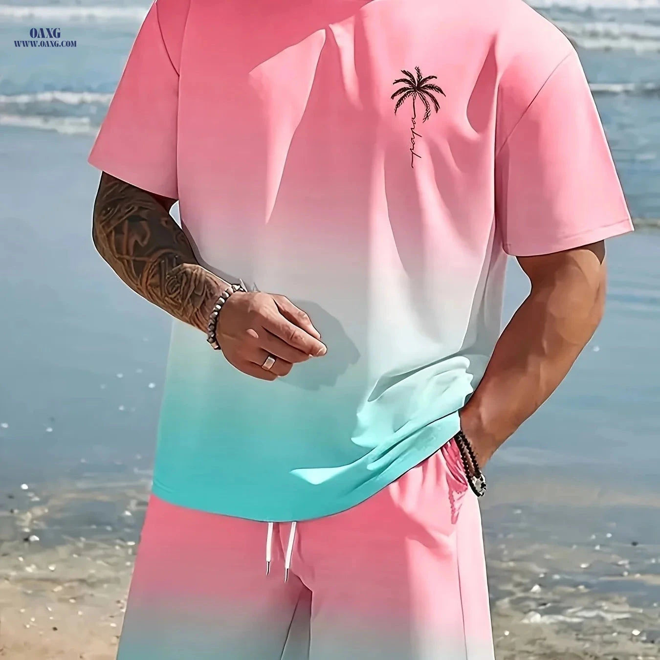 Men's Summer Casual Jogging Set - Ombre Striped Print & Pocket Shorts   OAXG Black Color+Blue / FR S