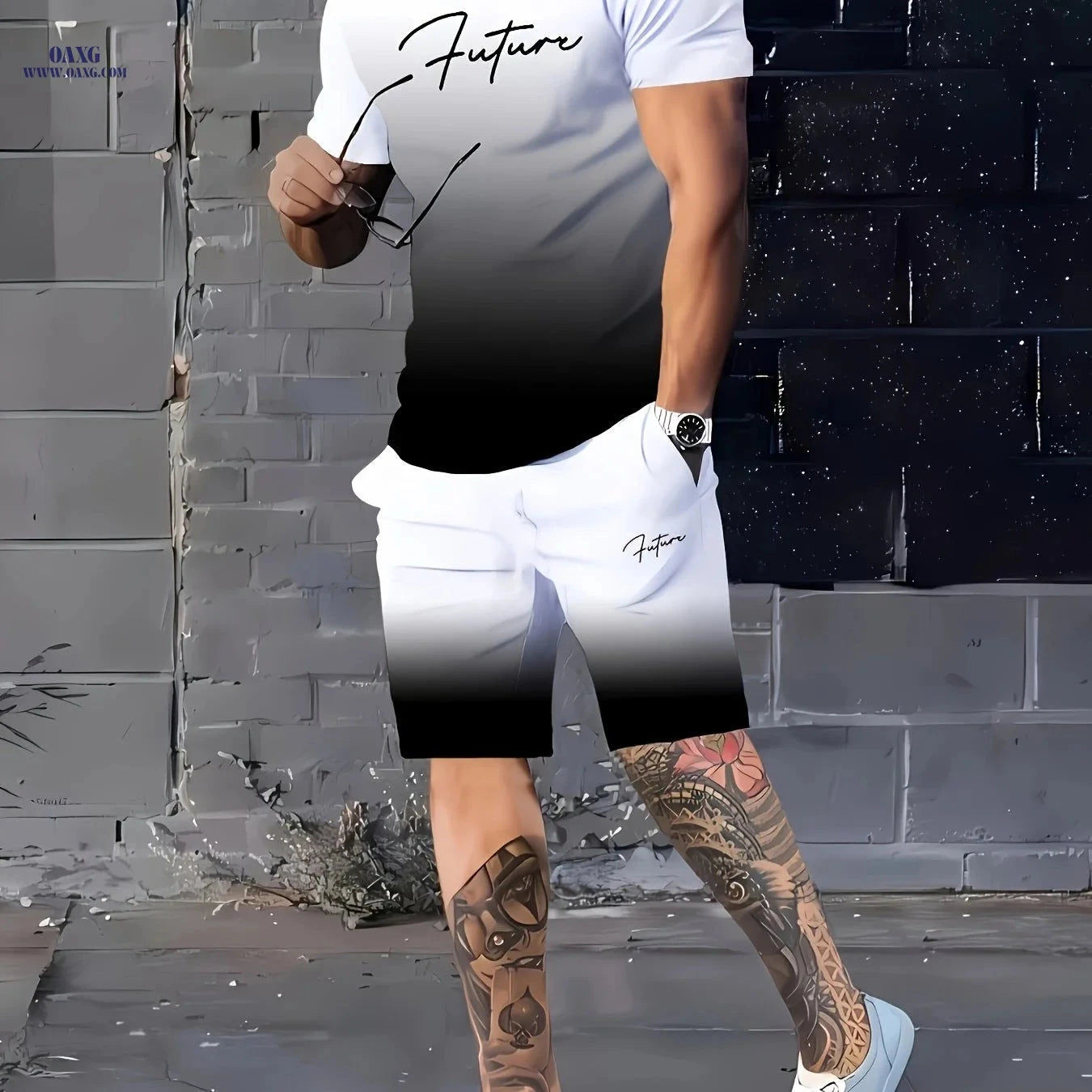 Men's Summer Casual Jogging Set - Ombre Striped Print & Pocket Shorts   OAXG Black Color+Blue / FR S