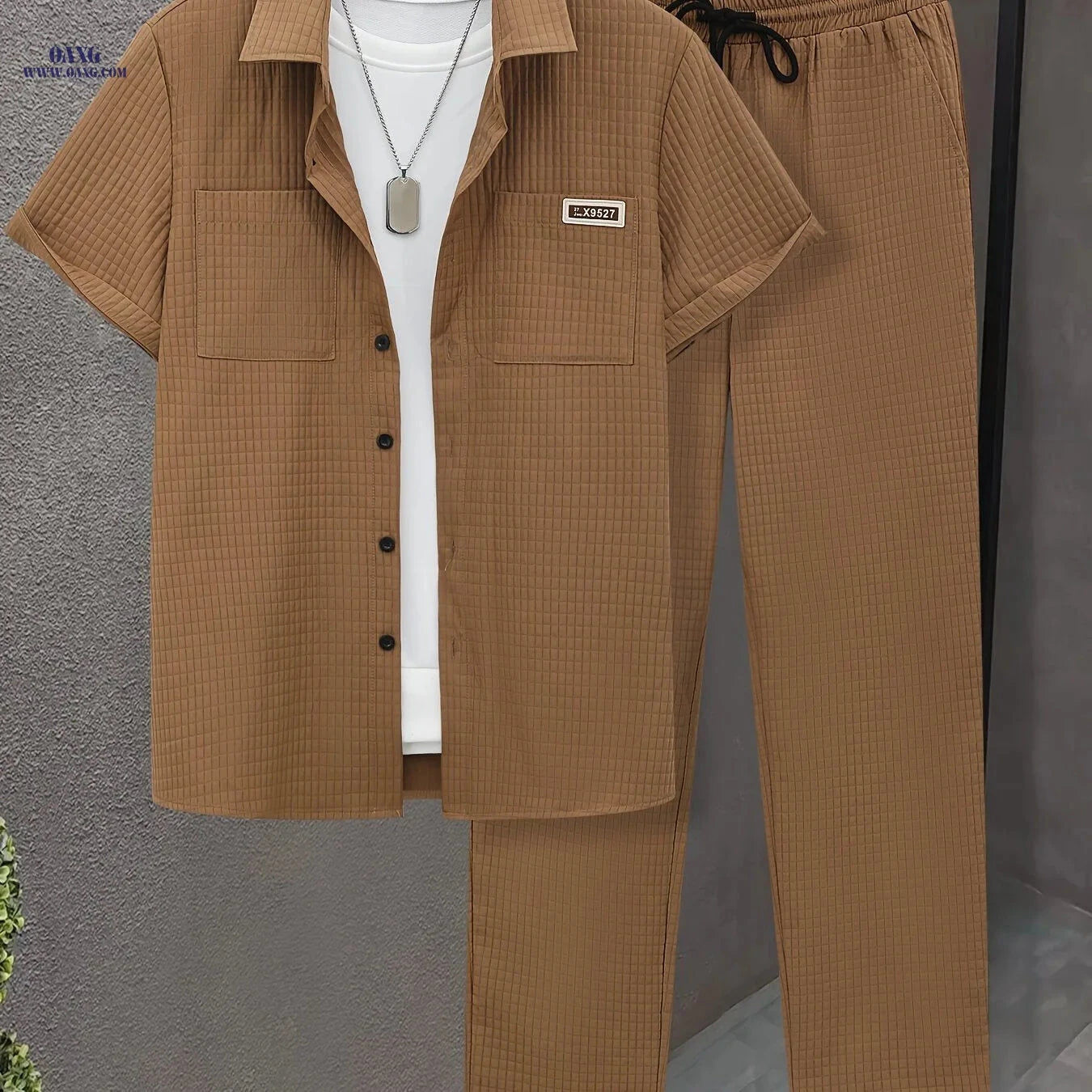 Men’s Summer Casual Plaid Short-Sleeved Shirt Set - 100% Polyester   OAXG 
