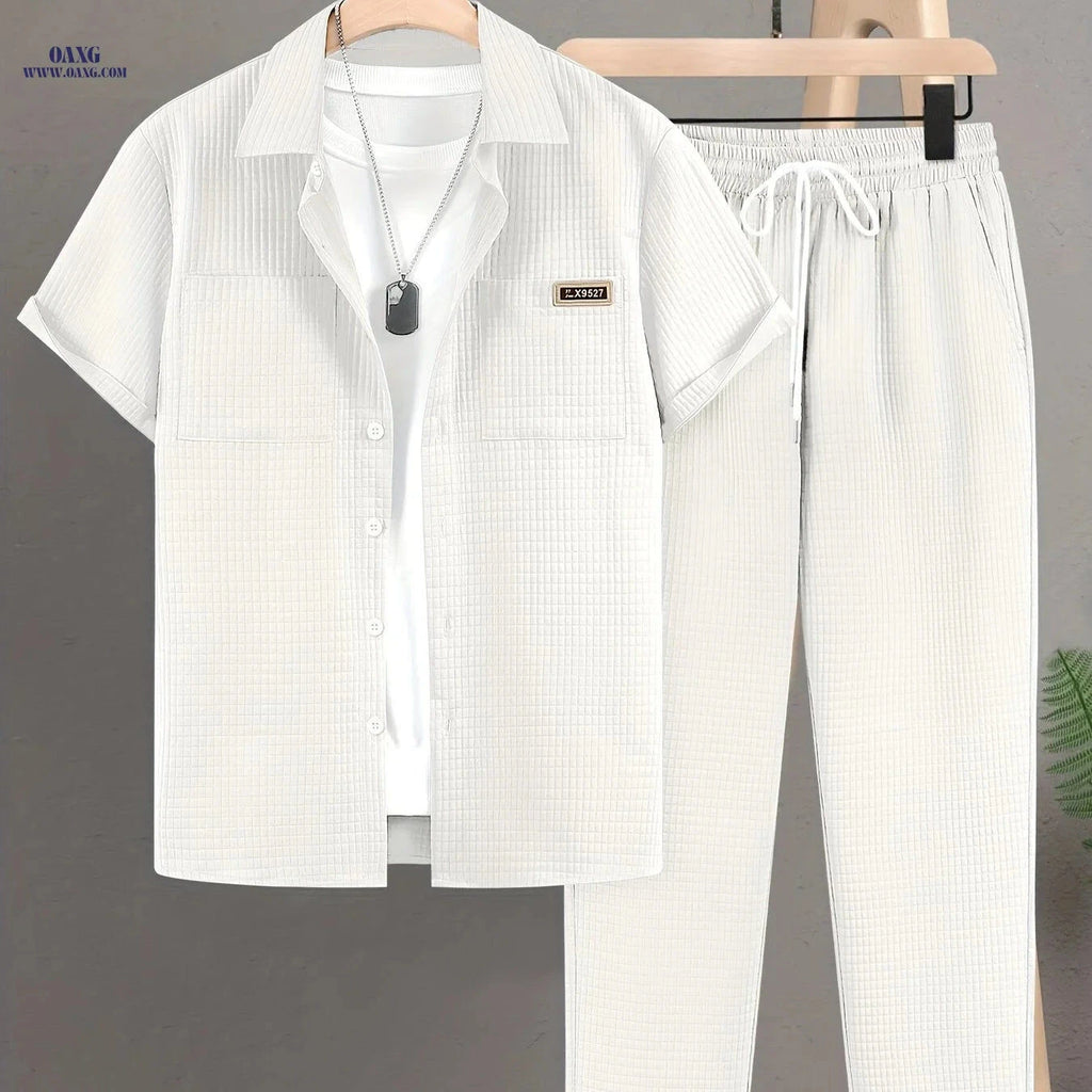 Men’s Summer Casual Plaid Short-Sleeved Shirt Set - 100% Polyester   OAXG 