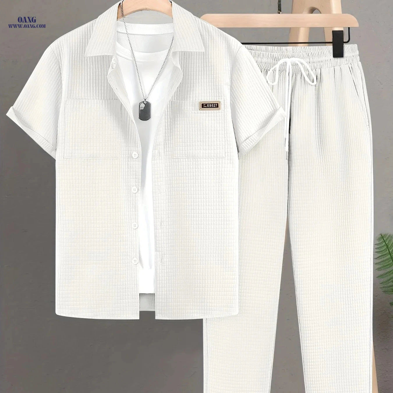 Men’s Summer Casual Plaid Short-Sleeved Shirt Set - 100% Polyester   OAXG 