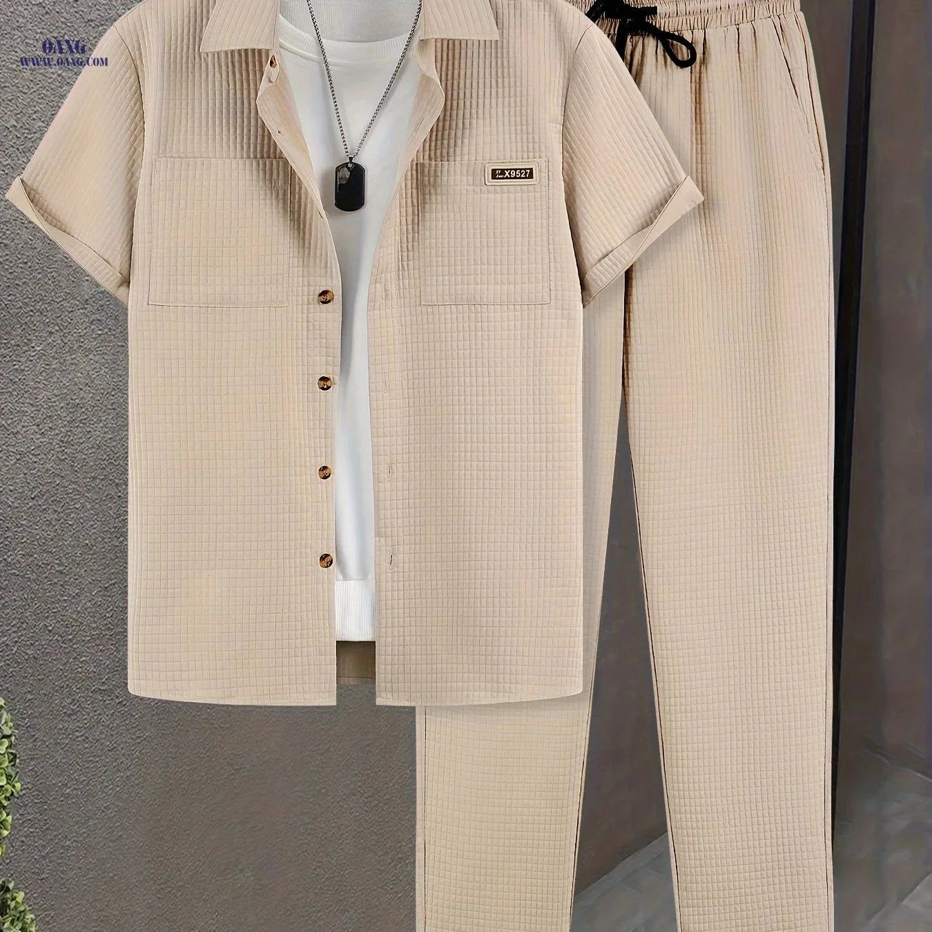 Men’s Summer Casual Plaid Short-Sleeved Shirt Set - 100% Polyester   OAXG 