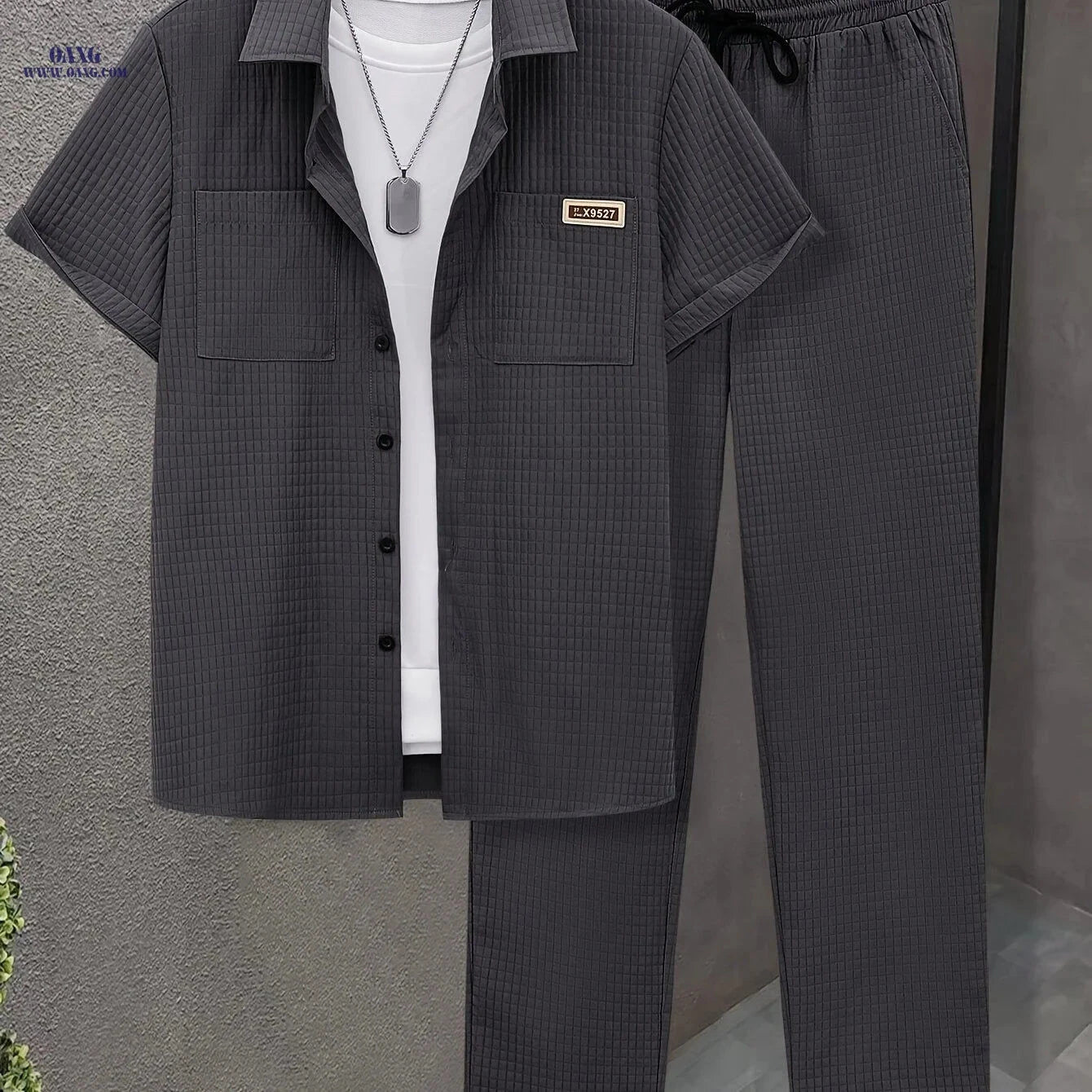 Men’s Summer Casual Plaid Short-Sleeved Shirt Set - 100% Polyester   OAXG 