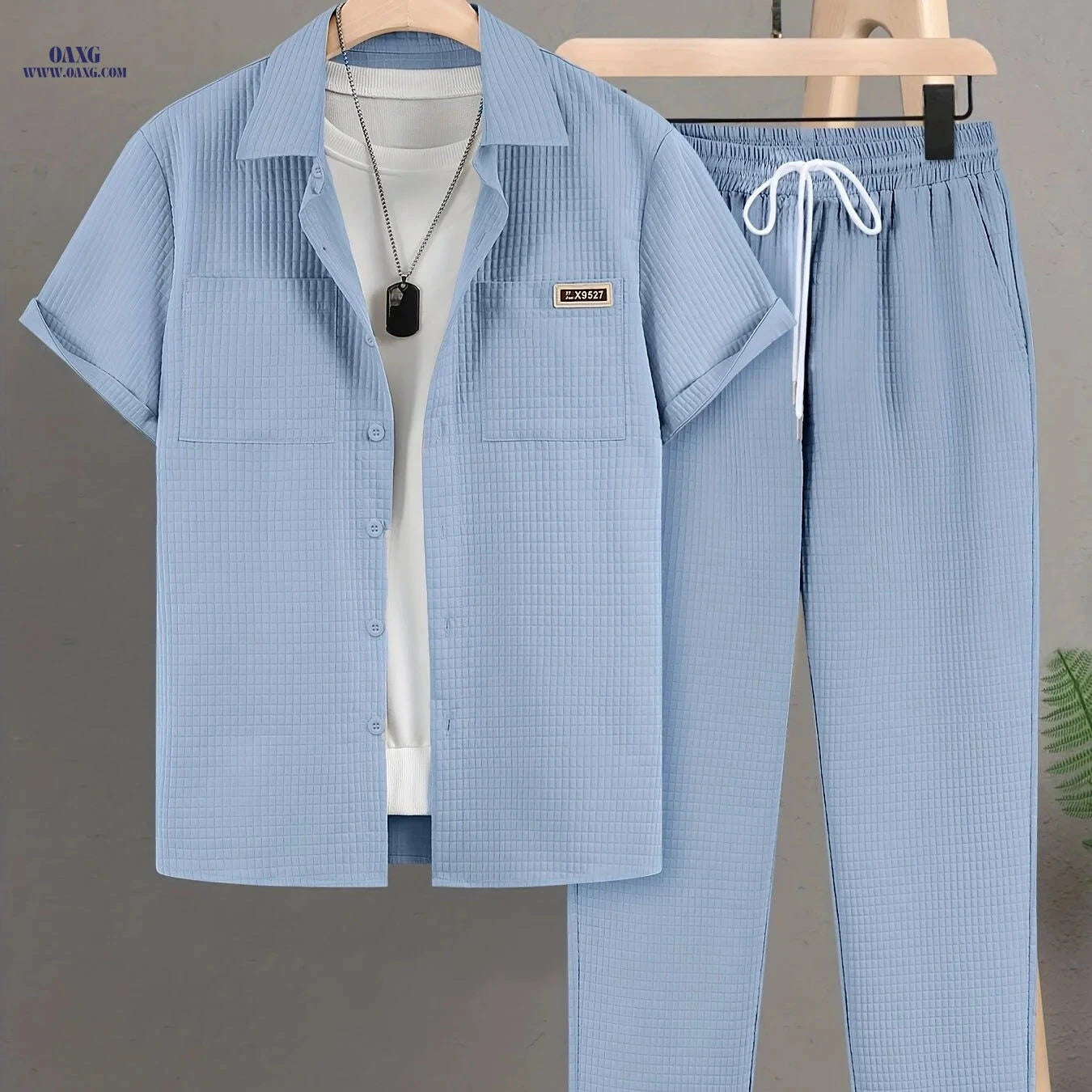 Men’s Summer Casual Plaid Short-Sleeved Shirt Set - 100% Polyester   OAXG 