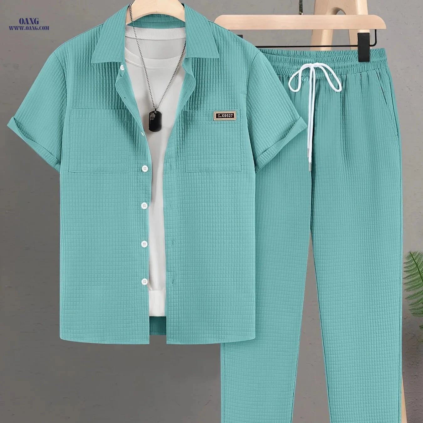 Men’s Summer Casual Plaid Short-Sleeved Shirt Set - 100% Polyester   OAXG 