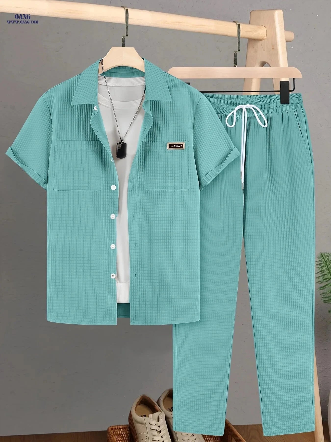 Men’s Summer Casual Plaid Short-Sleeved Shirt Set - 100% Polyester   OAXG Khaki / FR S