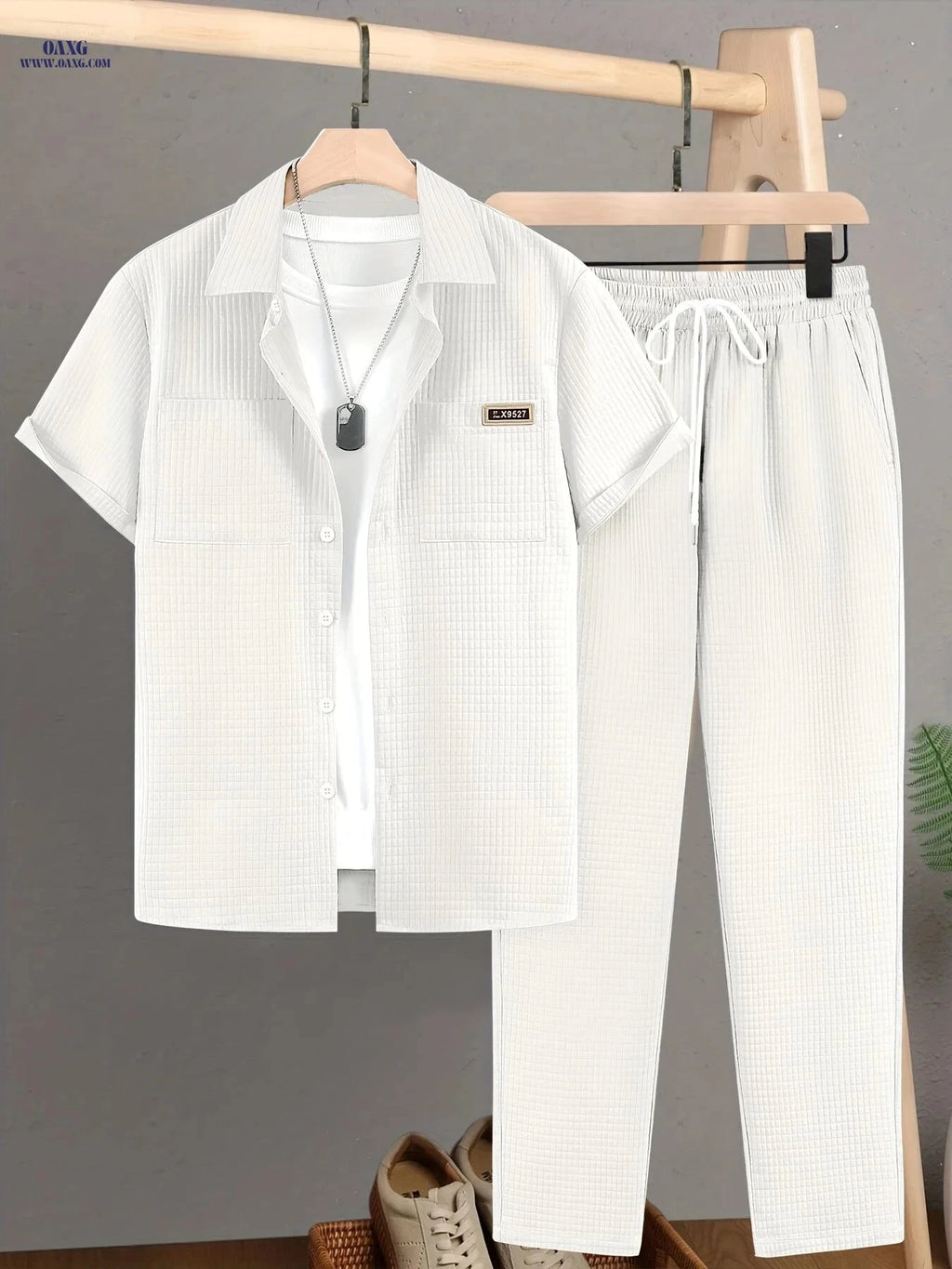 Men’s Summer Casual Plaid Short-Sleeved Shirt Set - 100% Polyester   OAXG Khaki / FR S