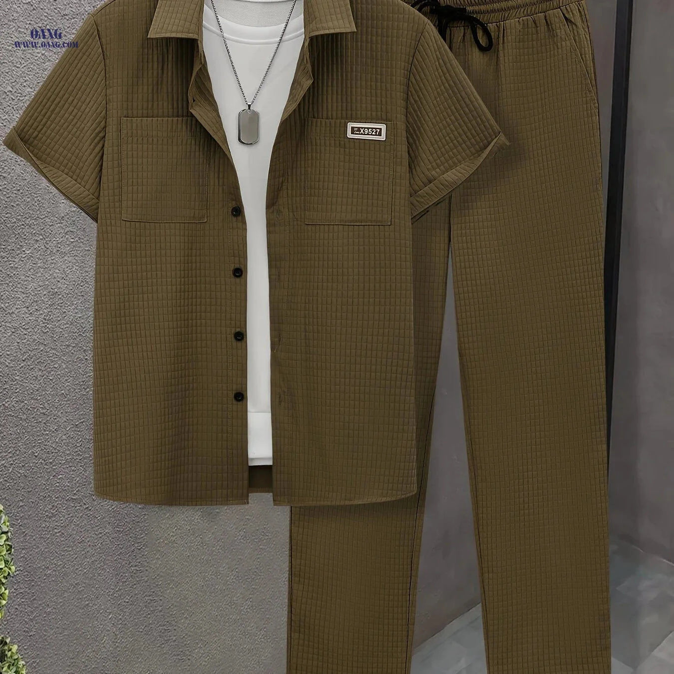 Men’s Summer Casual Plaid Short-Sleeved Shirt Set - 100% Polyester   OAXG 