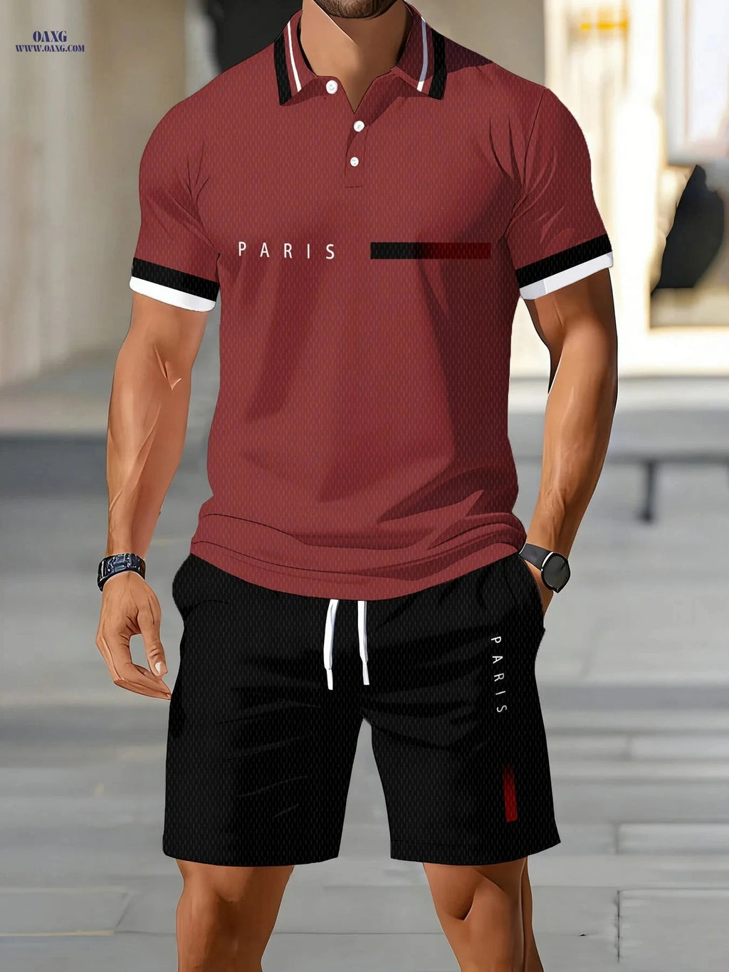 Men's Summer Casual Polo Shirt & Shorts Set - Digital Print Style   OAXG 