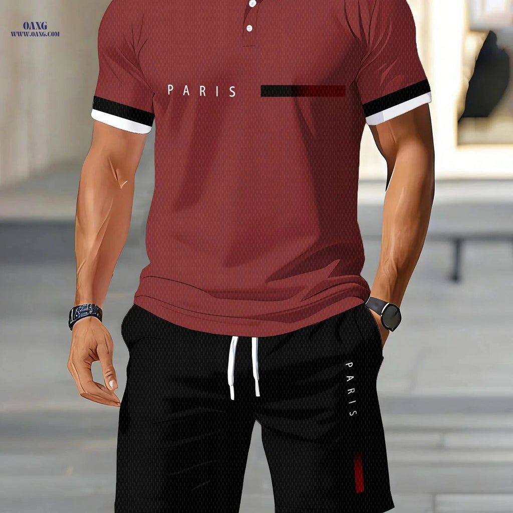 Men's Summer Casual Polo Shirt & Shorts Set - Digital Print Style   OAXG 
