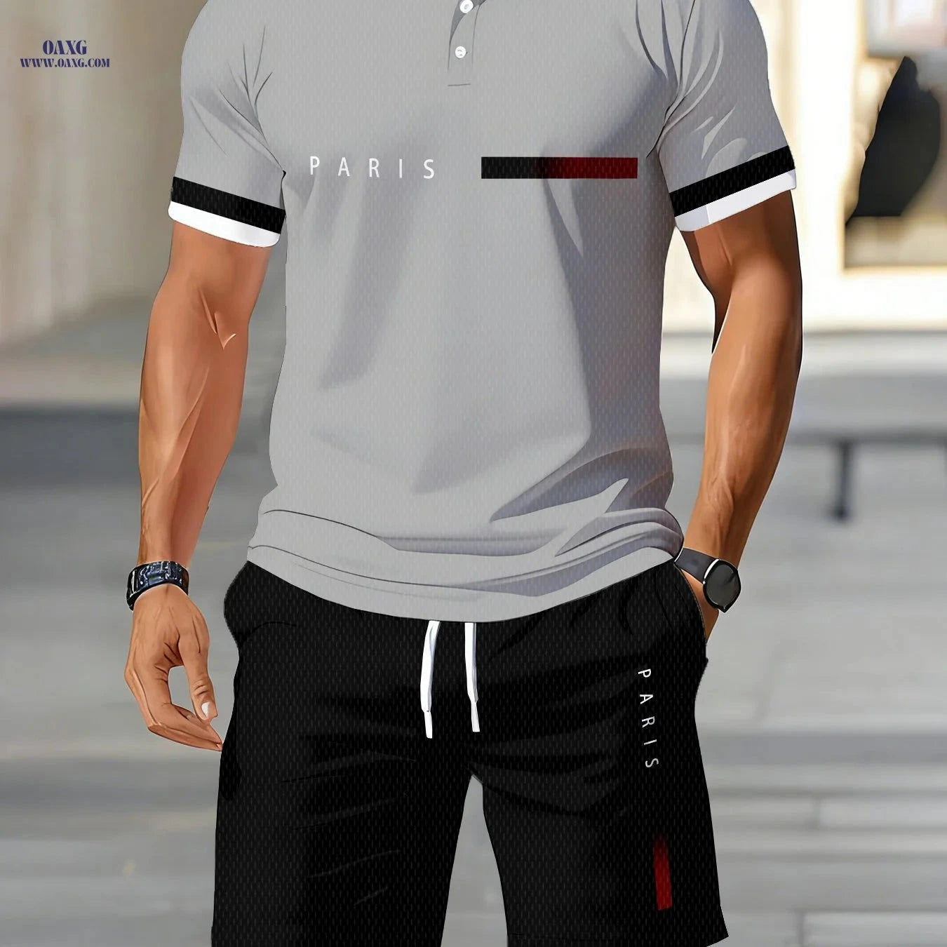 Men's Summer Casual Polo Shirt & Shorts Set - Digital Print Style   OAXG 