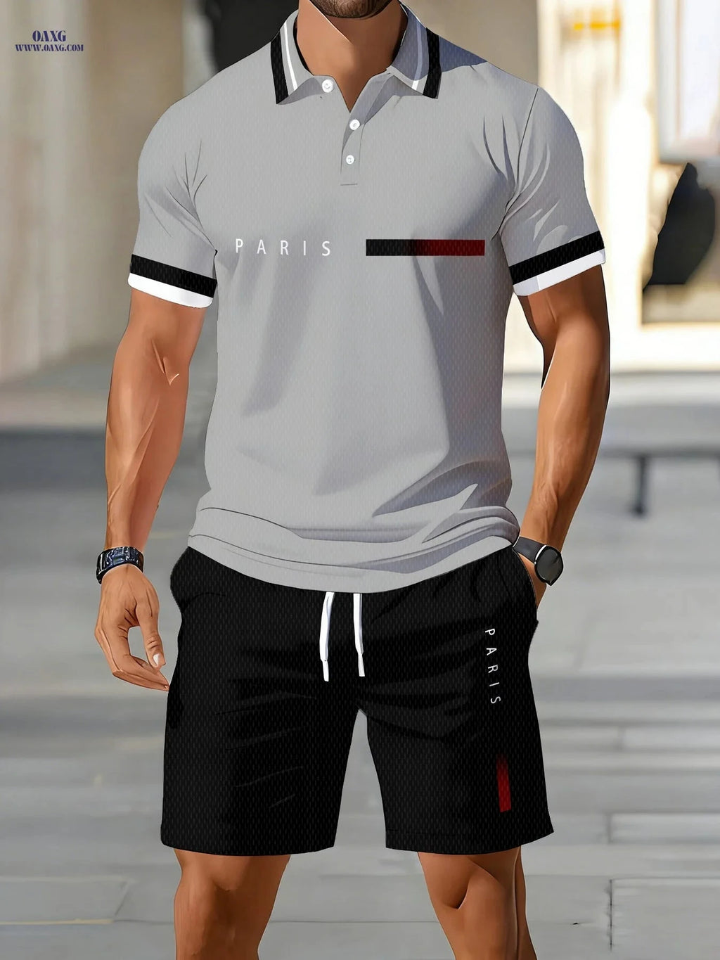 Men's Summer Casual Polo Shirt & Shorts Set - Digital Print Style   OAXG 