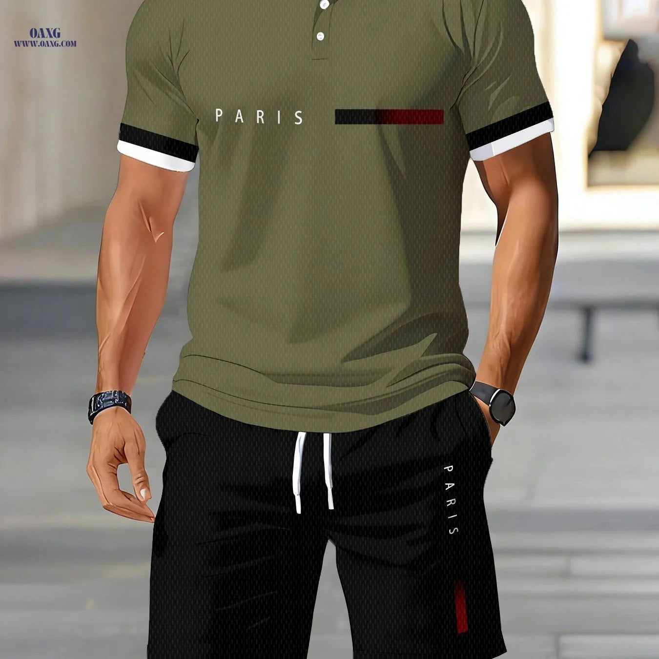 Men's Summer Casual Polo Shirt & Shorts Set - Digital Print Style   OAXG PD04-3 / FR S