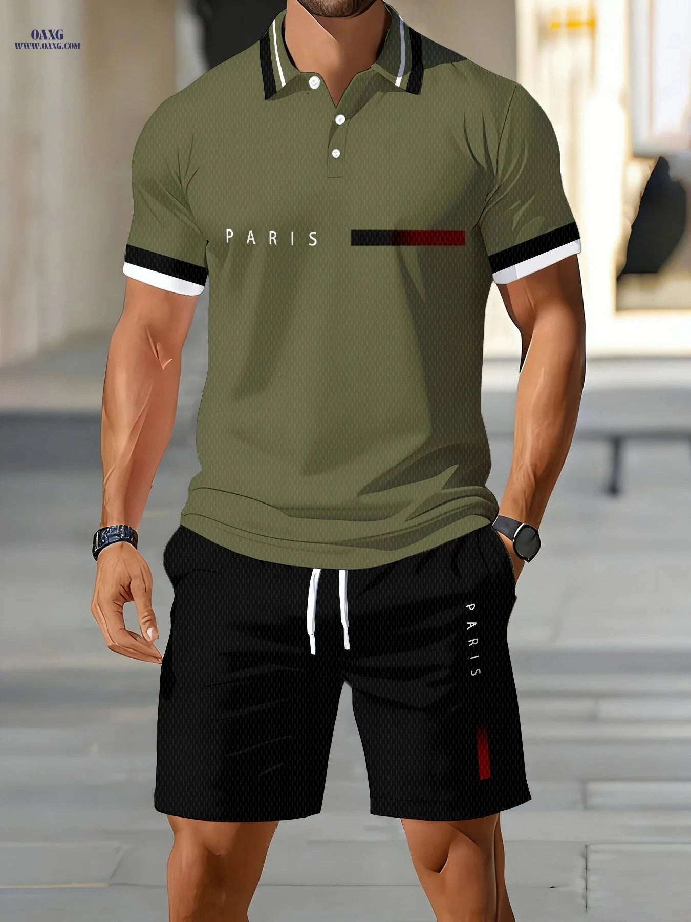Men's Summer Casual Polo Shirt & Shorts Set - Digital Print Style   OAXG PD04-3 / FR S