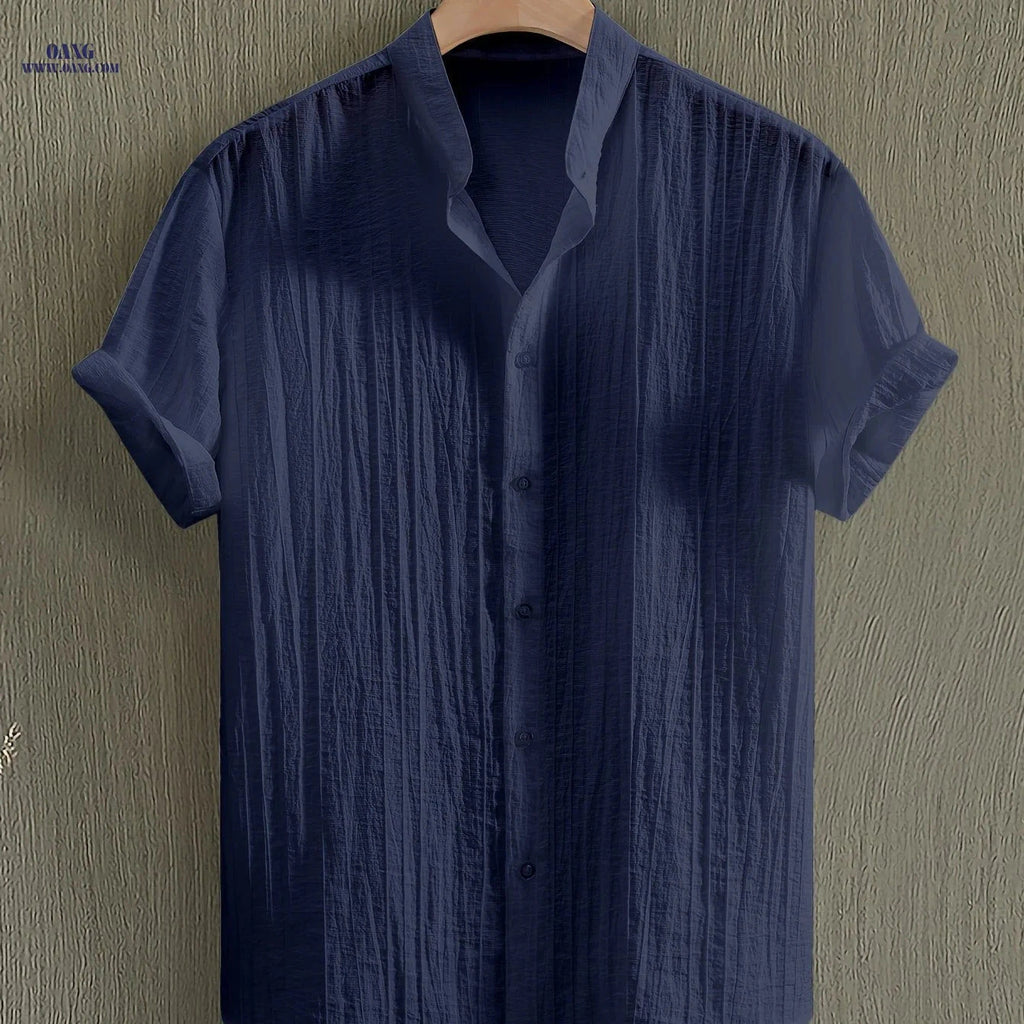Men’s Summer Casual Sheer Short Sleeve Stand Collar Shirt   OAXG Navy Color / FR S
