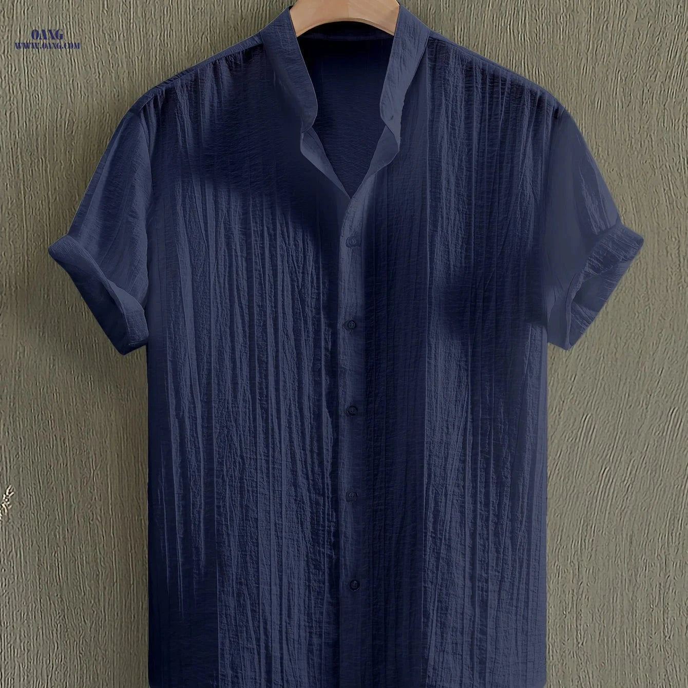 Men’s Summer Casual Sheer Short Sleeve Stand Collar Shirt   OAXG Navy Color / FR S