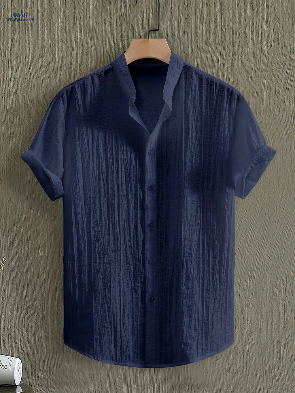 Men’s Summer Casual Sheer Short Sleeve Stand Collar Shirt   OAXG Navy Color / FR S