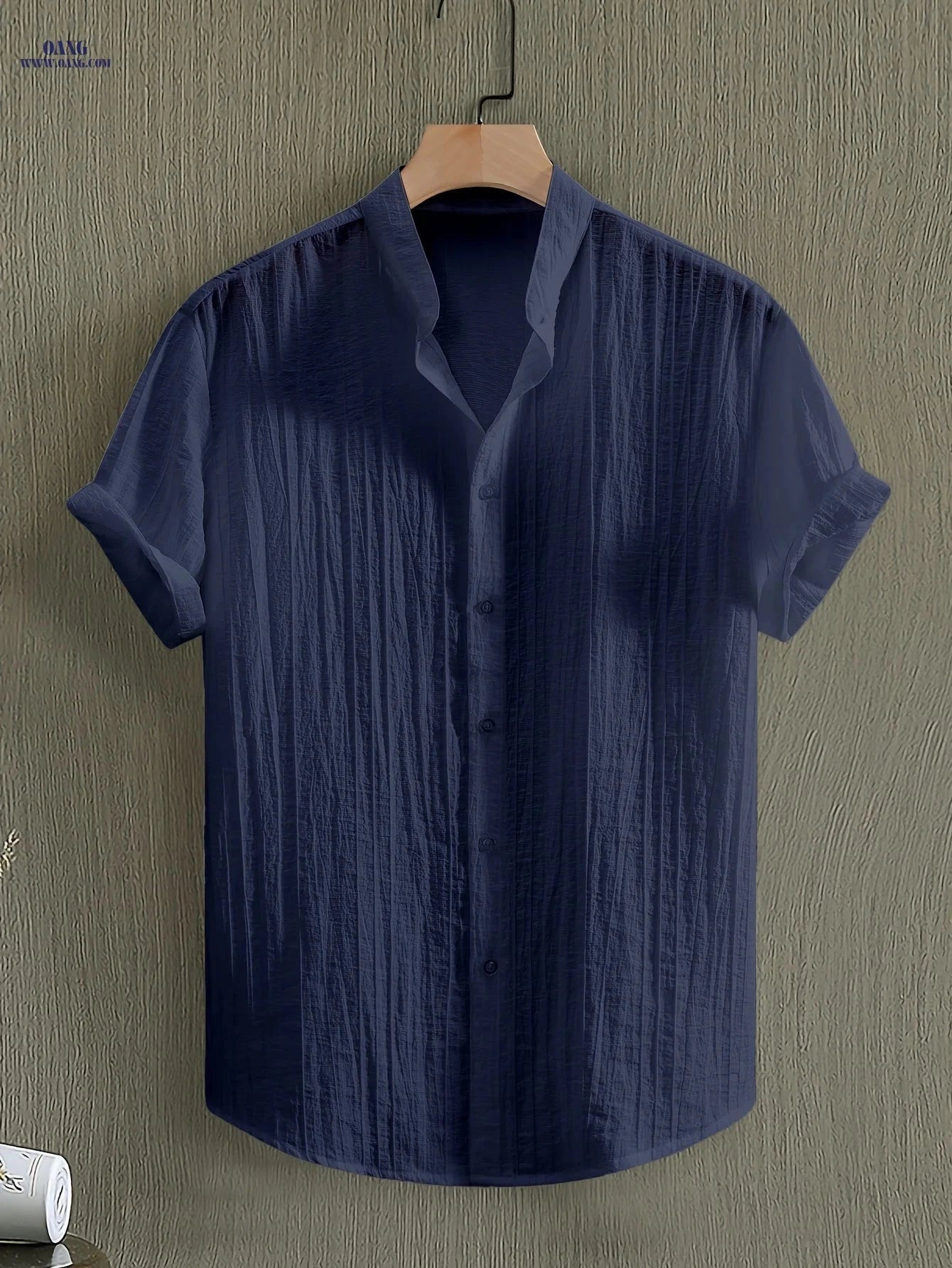 Men’s Summer Casual Sheer Short Sleeve Stand Collar Shirt   OAXG Navy Color / FR S