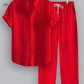 Men's Summer Casual Striped Set - Short Sleeve Shirt & Pants   OAXG 