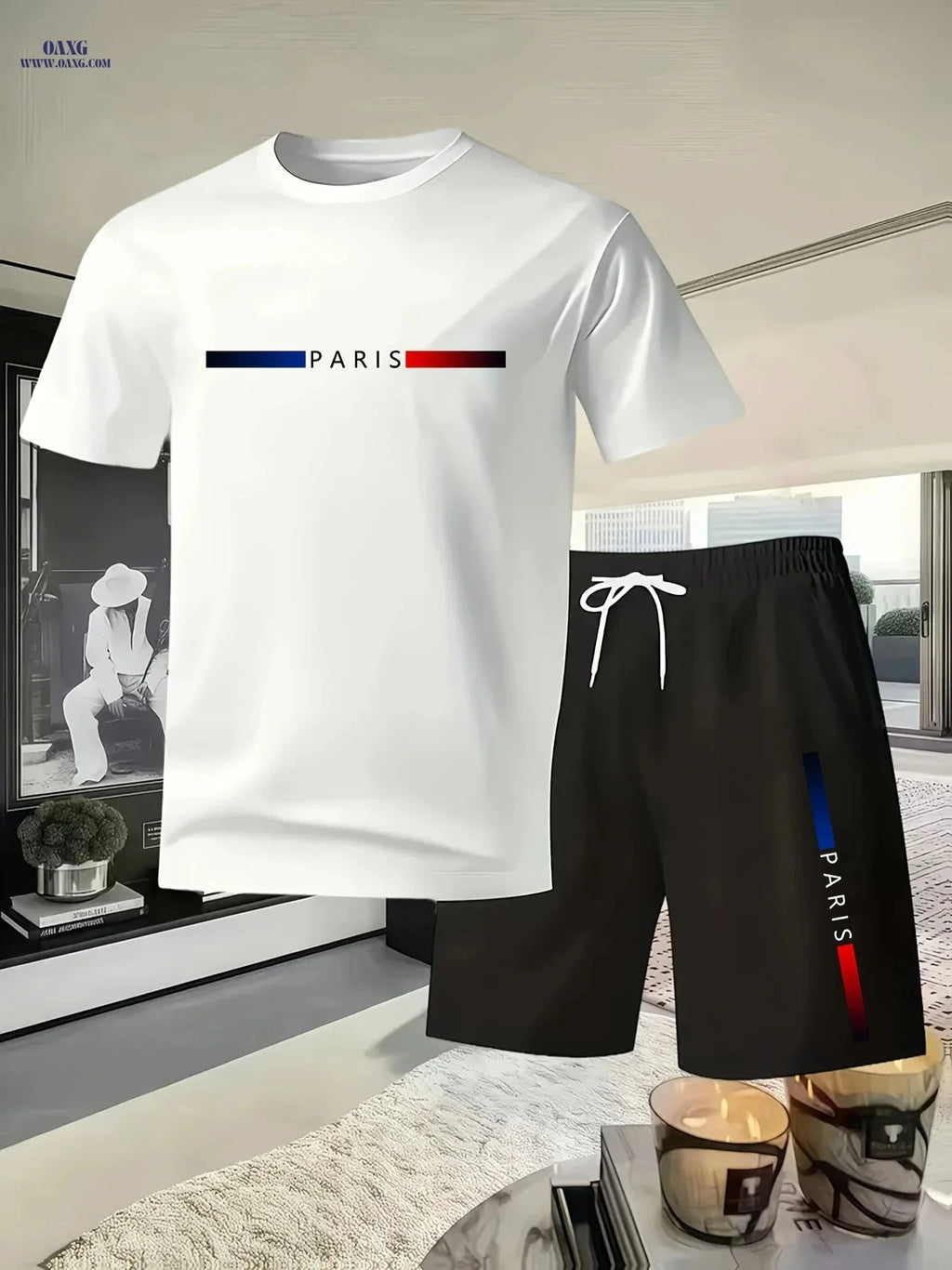 Men's Summer Casual T-Shirt & Shorts Set - PARIS Print Pattern   OAXG 