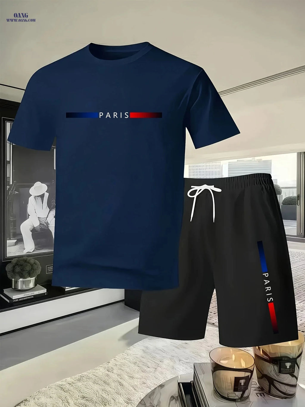 Men's Summer Casual T-Shirt & Shorts Set - PARIS Print Pattern   OAXG 