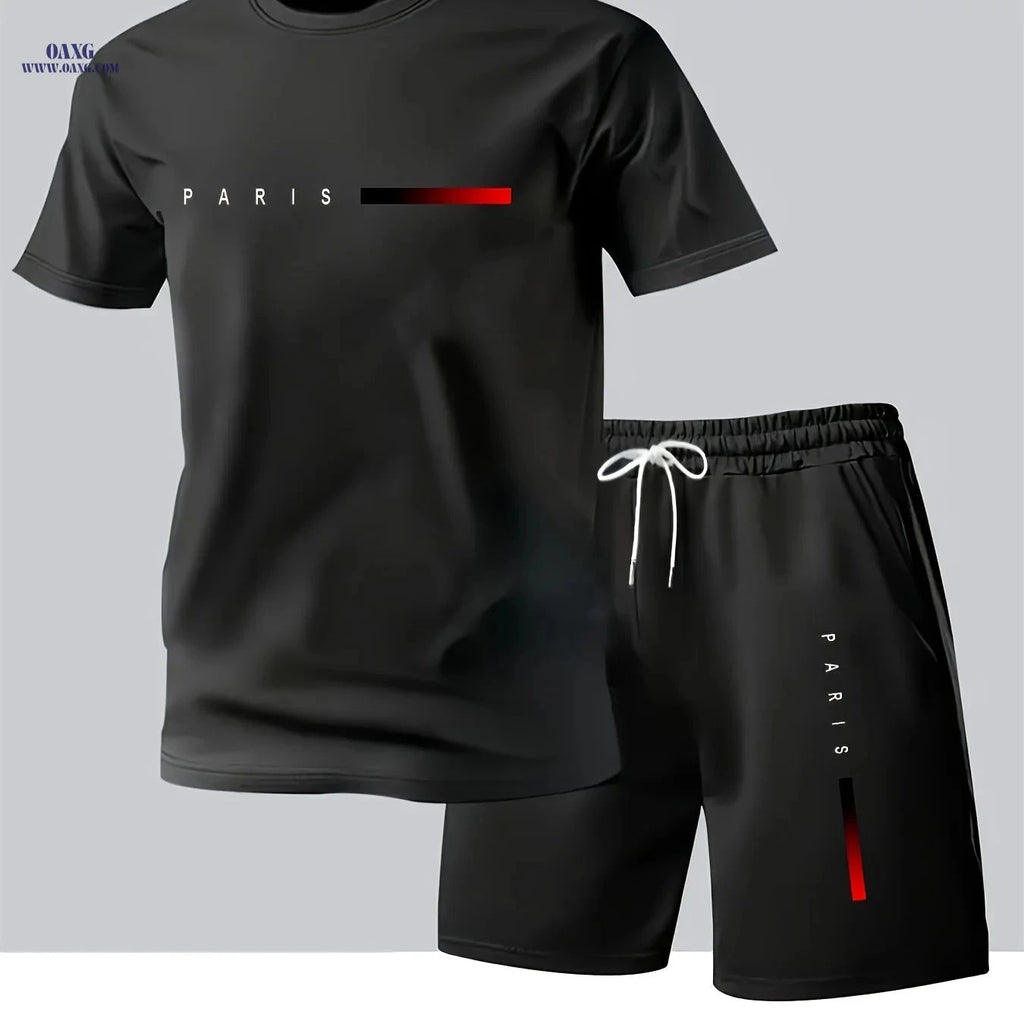 Men's Summer Casual T-Shirt & Shorts Set - PARIS Print Pattern   OAXG 